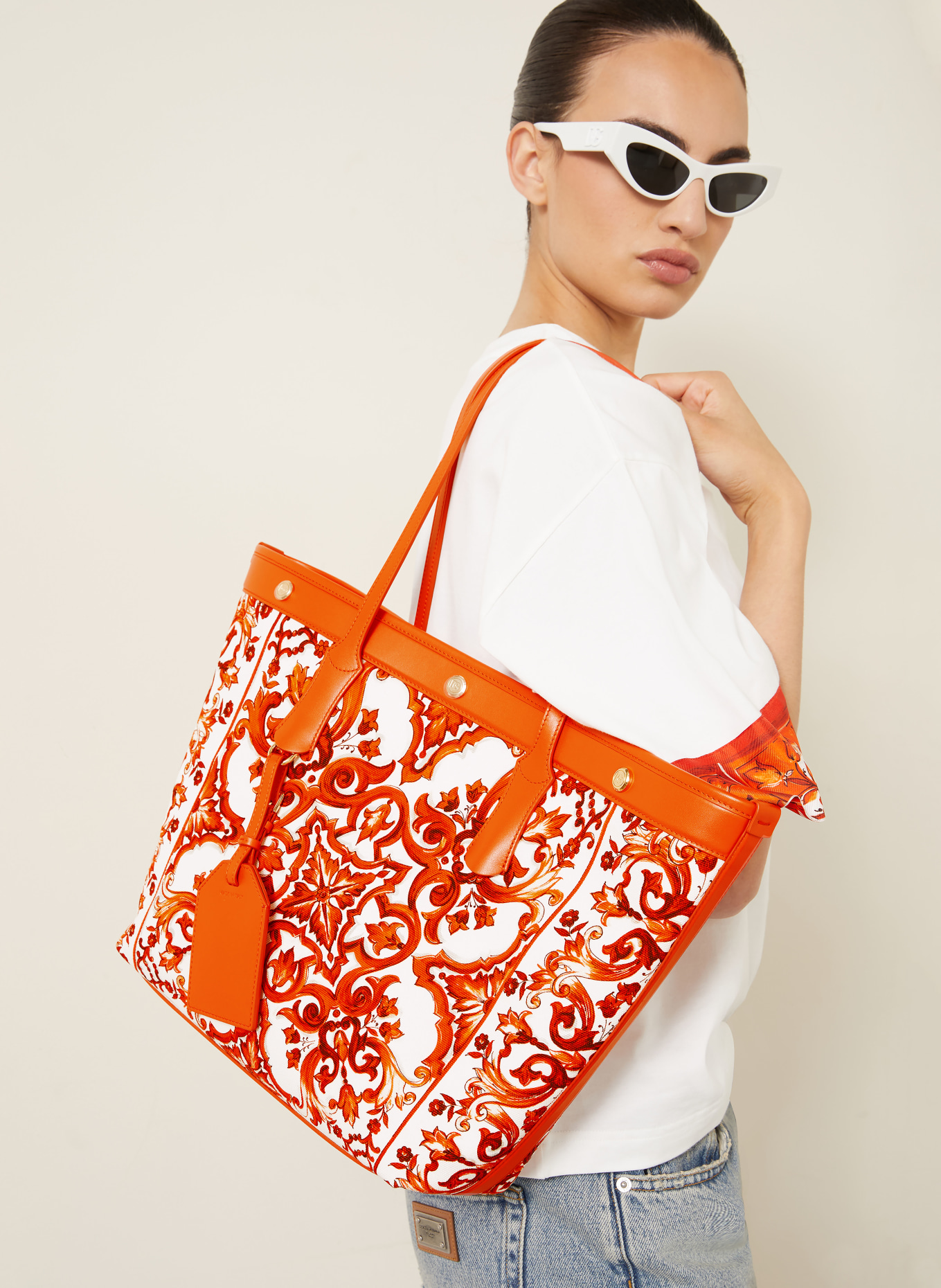 DOLCE & GABBANA Shopper ATENE mit Pouch: ORANGE / ECRU