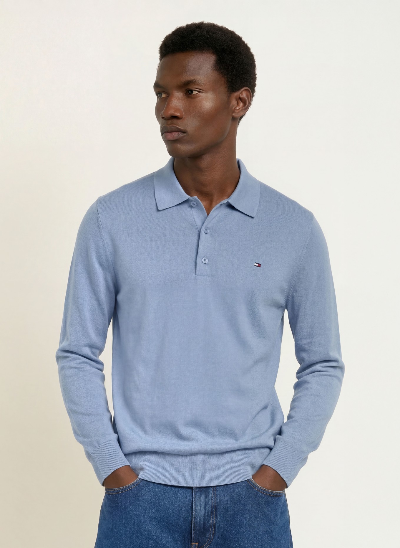 TOMMY HILFIGER Strick-Poloshirt: HELLBLAU