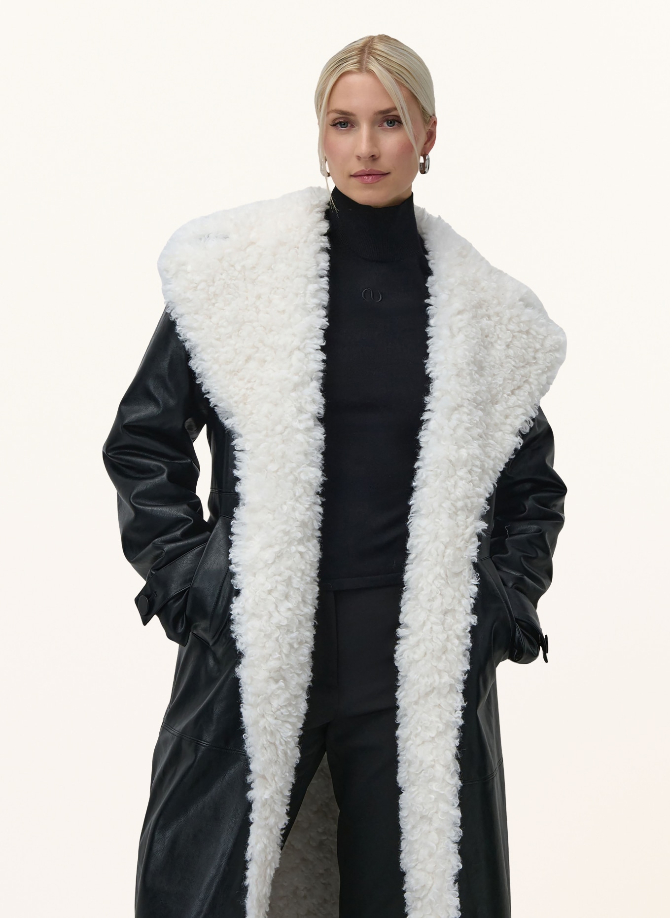 LeGer Studio JANIQUE coat in leather look with faux fur: BLACK / WHITE
