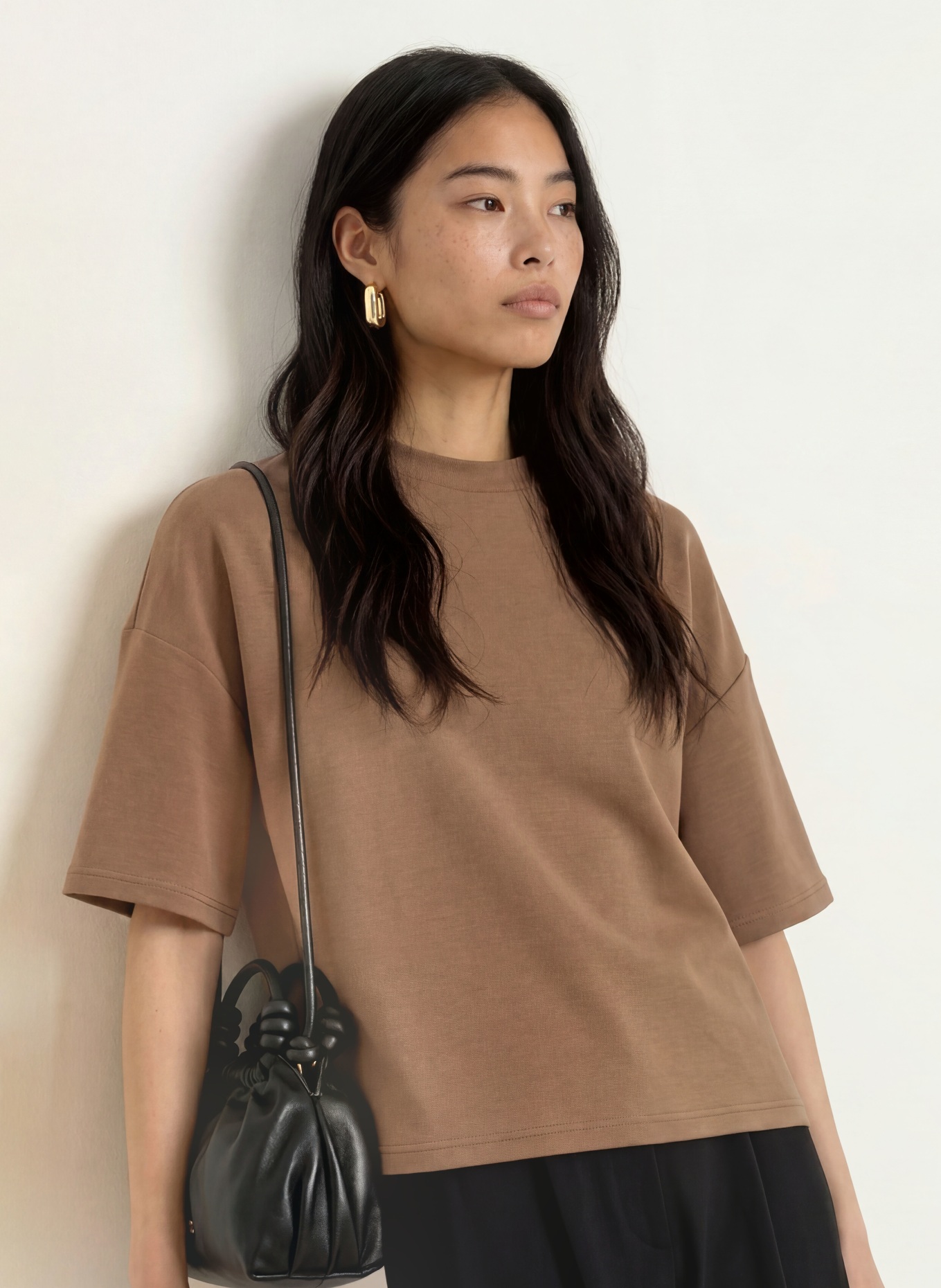 SELECTED Oversized tričko s 3/4 rukávy: HNĚDÁ