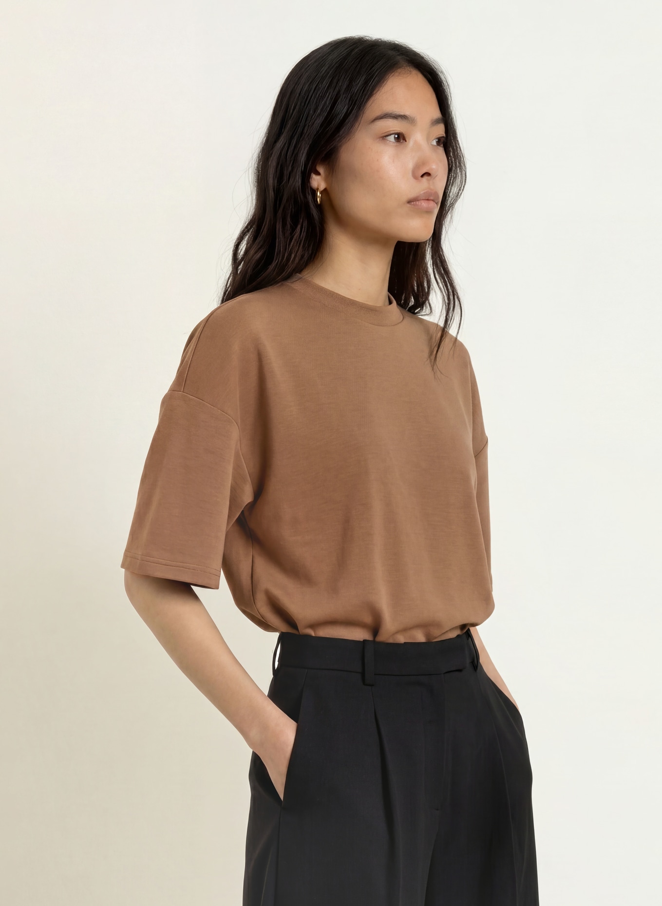 SELECTED Oversized tričko s 3/4 rukávy: HNĚDÁ