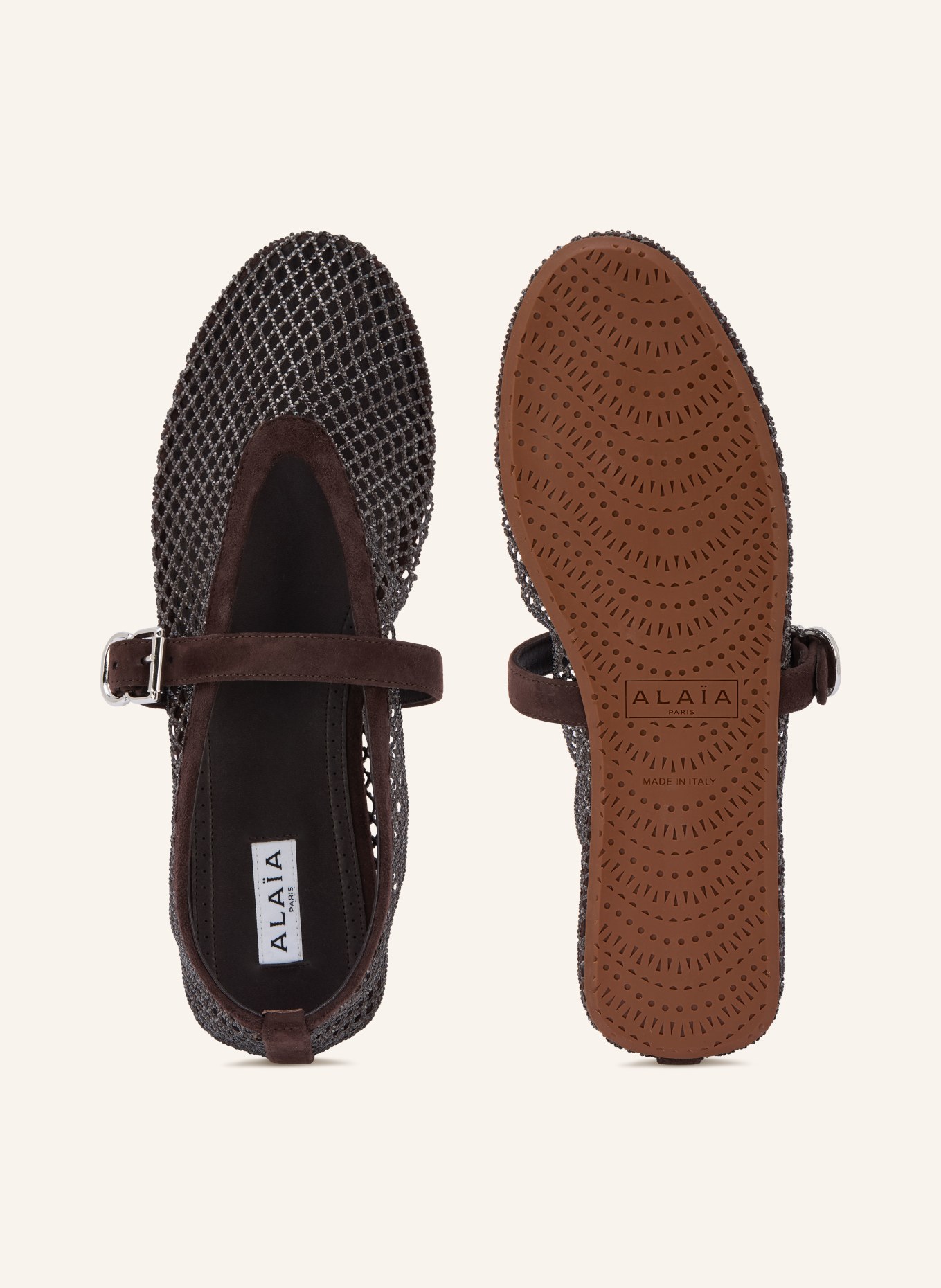 ALAÏA Mary-Jane-Ballerinas mit Schmucksteinen: DUNKELBRAUN / SILBER