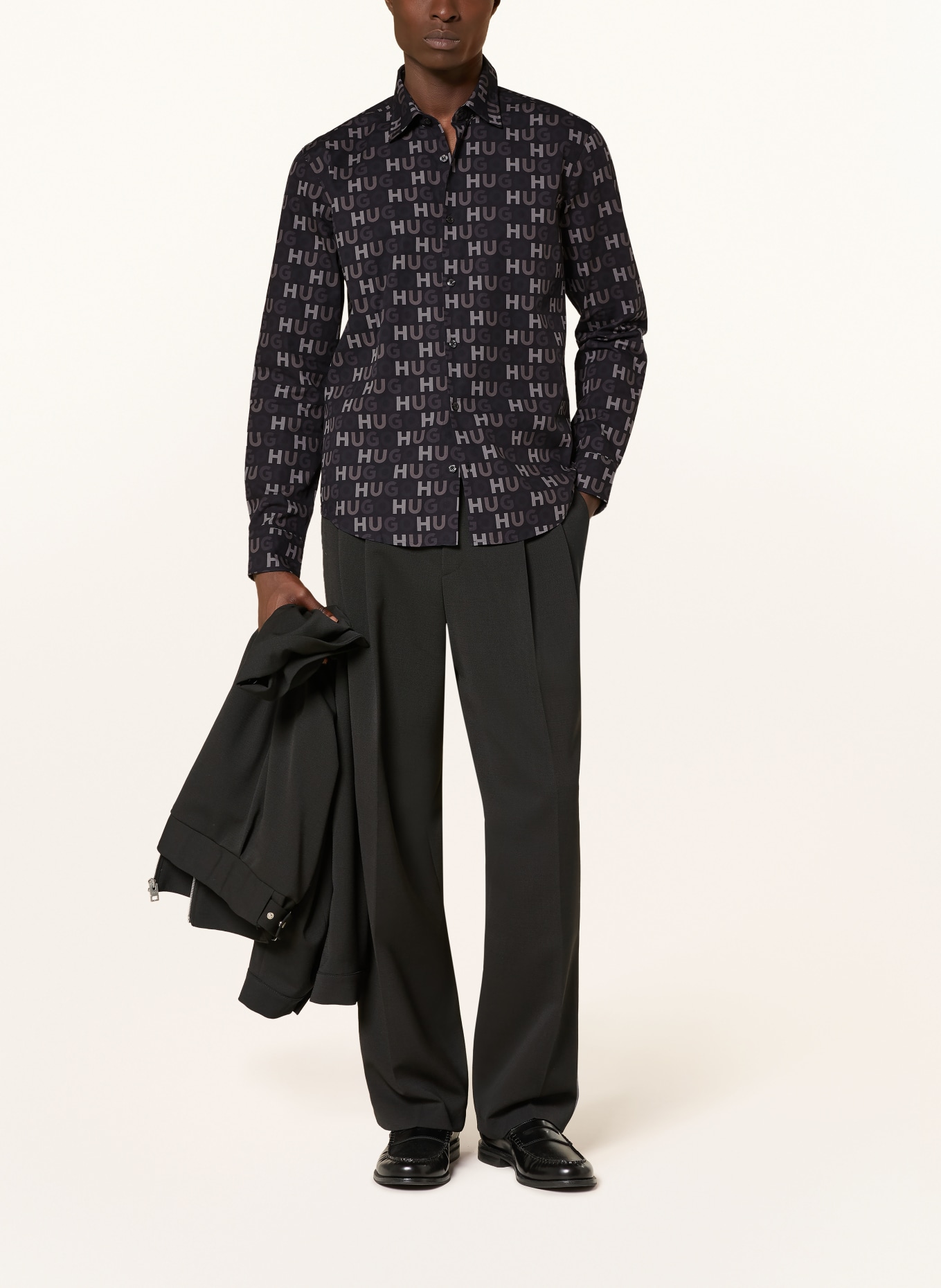 HUGO Hemd ERMO Casual Slim Fit: SCHWARZ / HELLGRAU / DUNKELGRAU