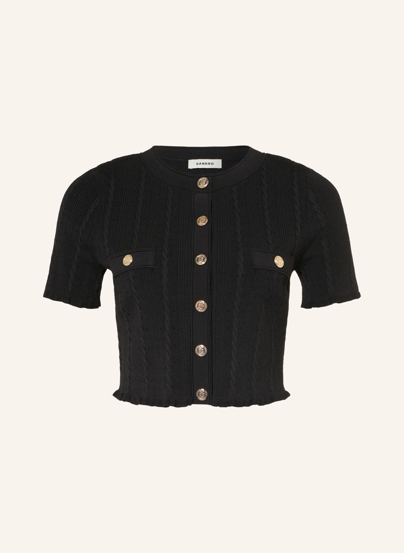 SANDRO Strickjacke mit Rüschen: SCHWARZ