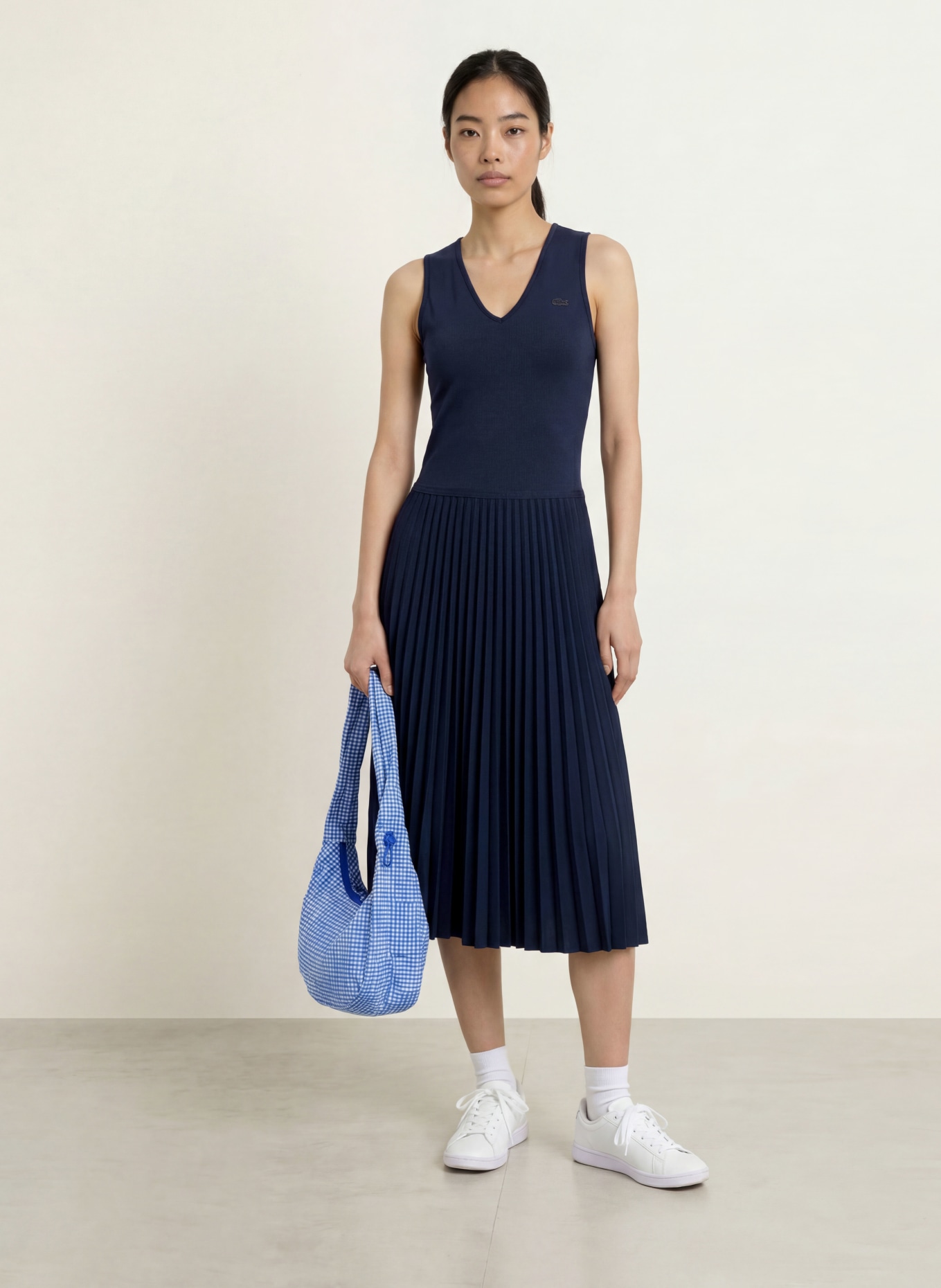 LACOSTE Jerseykleid mit Plissees: DUNKELBLAU