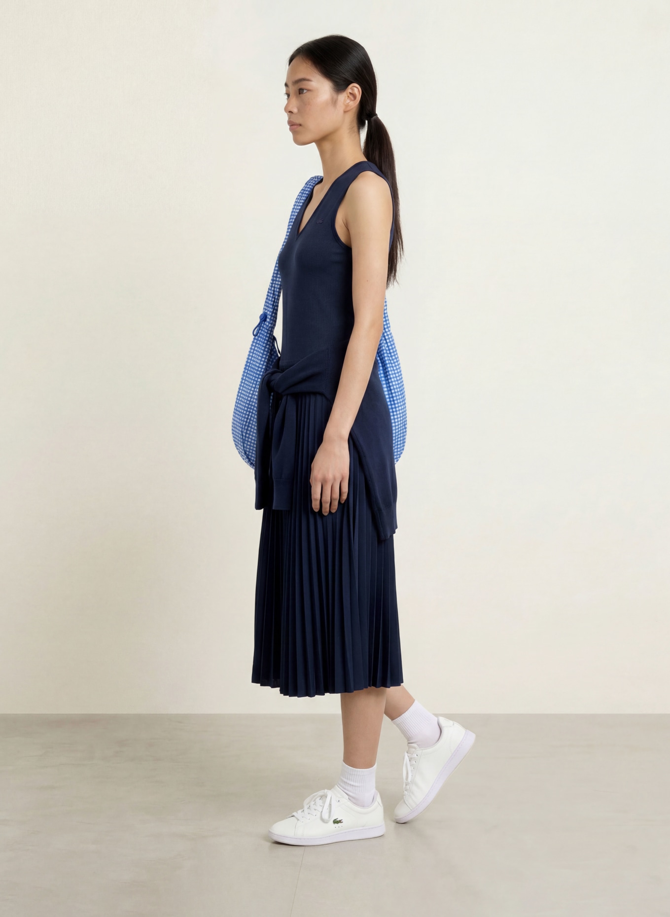 LACOSTE Jerseykleid mit Plissees: DUNKELBLAU