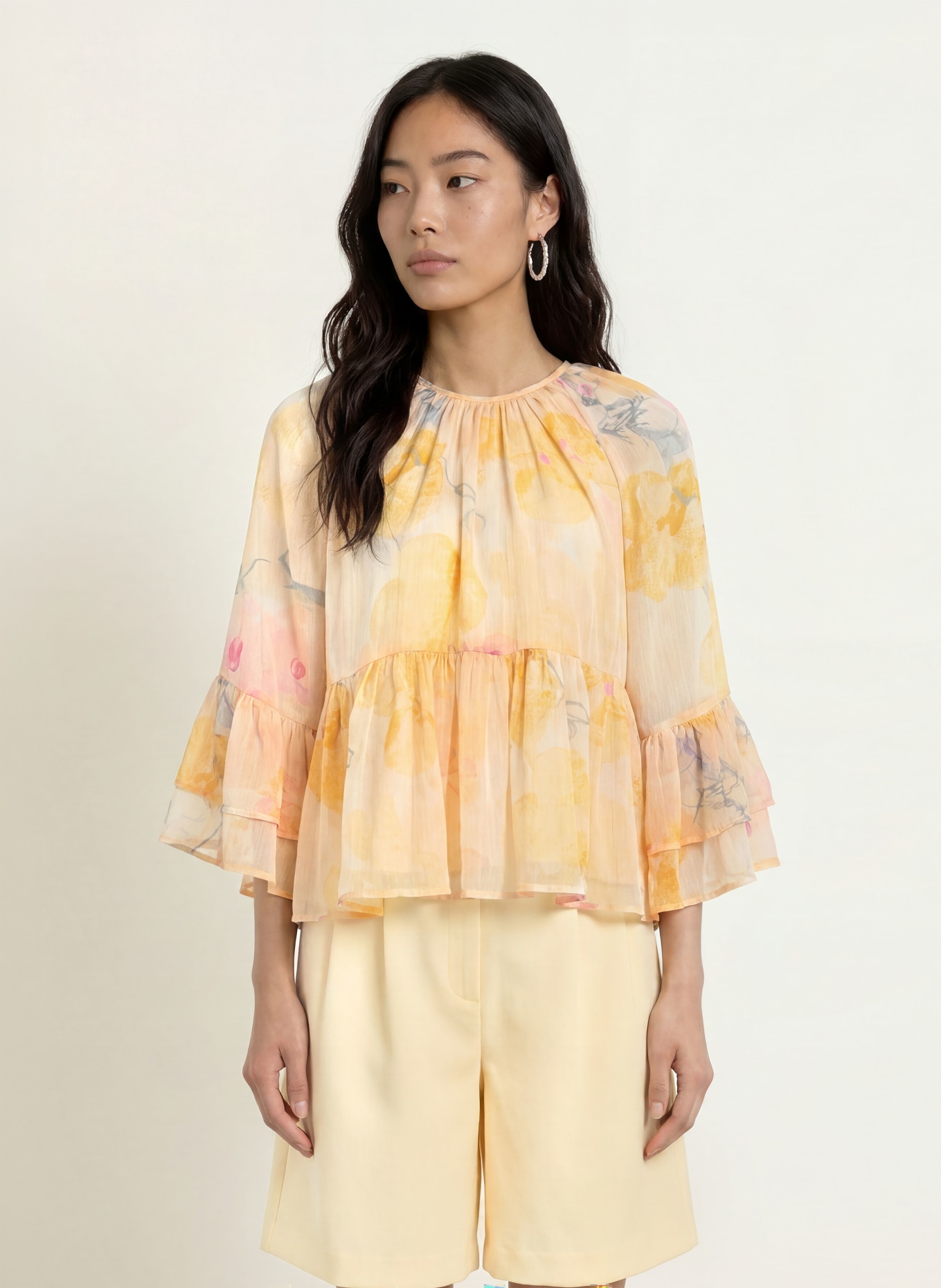 Y.A.S. Blusenshirt mit 3/4-Arm und Rüschen: HELLGELB / PINK / DUNKELGELB