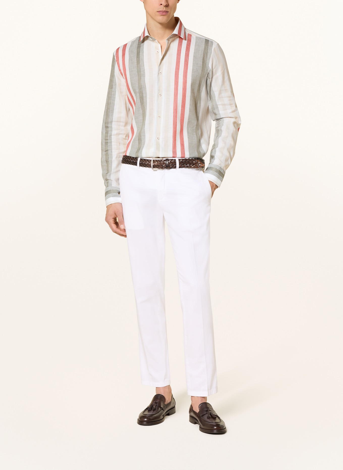 van Laack VL-RIKOS1-TF Tailor Fit Shirt with Linen: ECRU / LIGHT RED / OLIVE