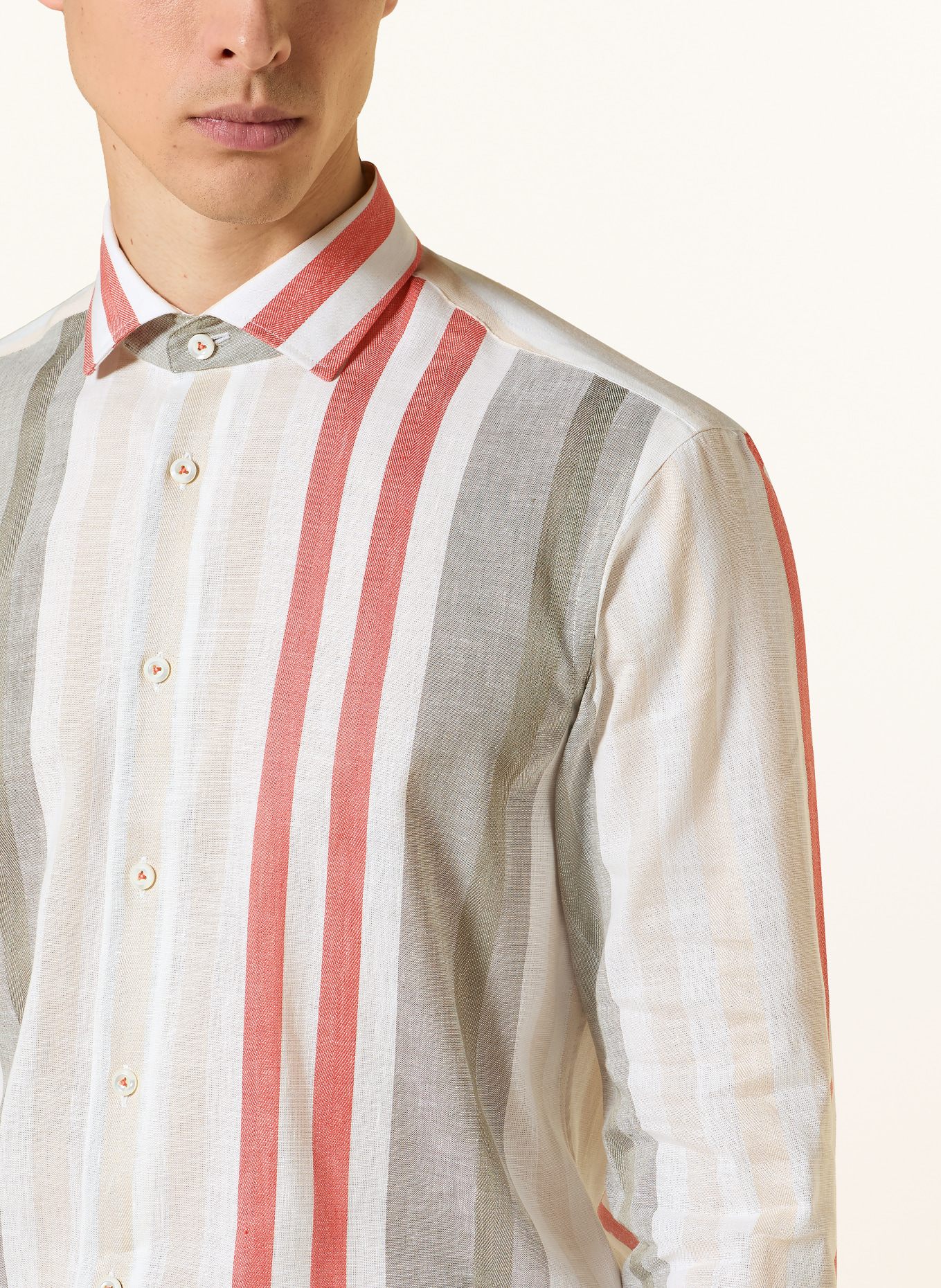 van Laack VL-RIKOS1-TF Tailor Fit Shirt with Linen: ECRU / LIGHT RED / OLIVE