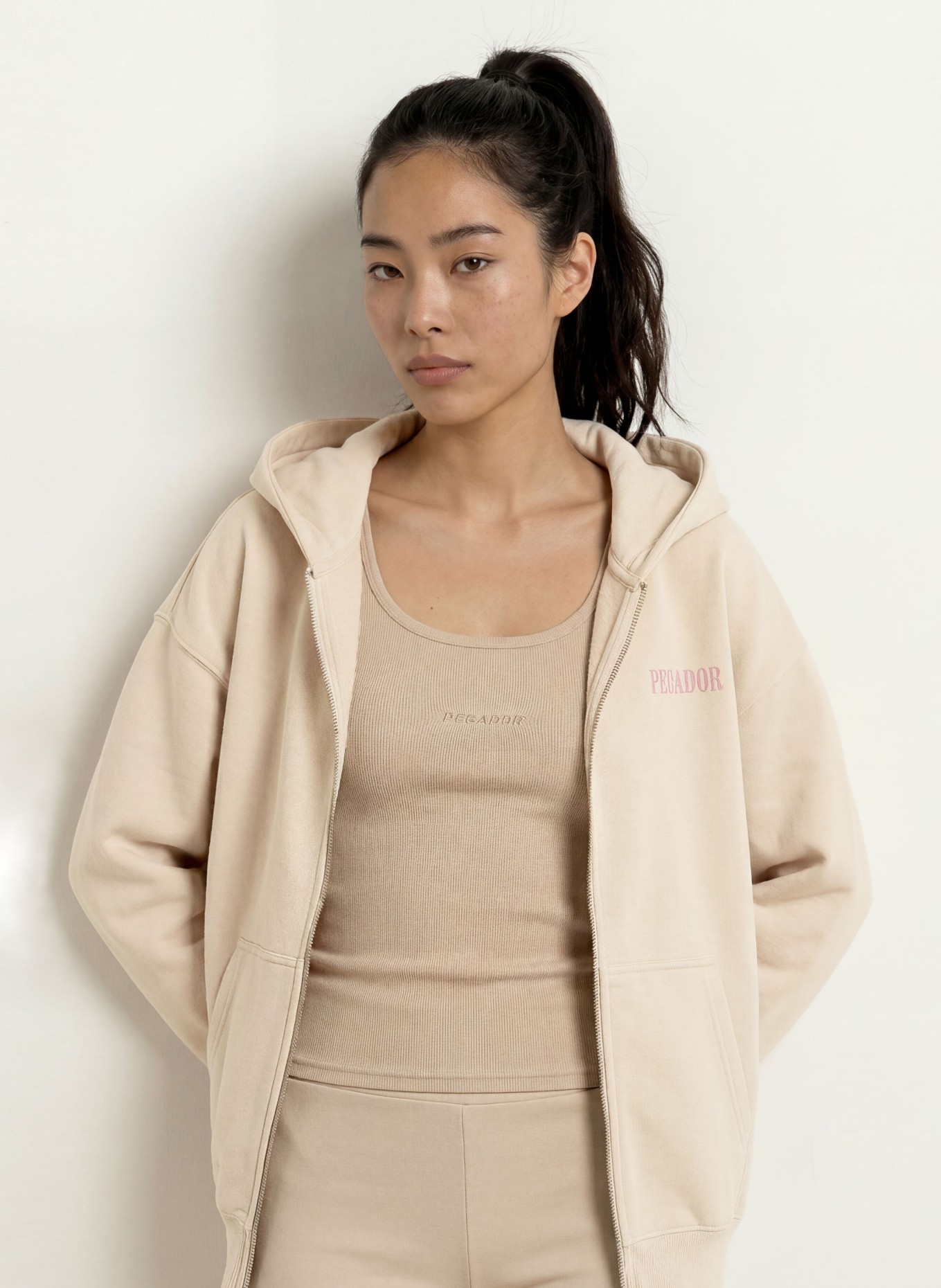 PEGADOR Oversized-Sweatjacke OLARGUES: BEIGE / HELLROT / GRÜN