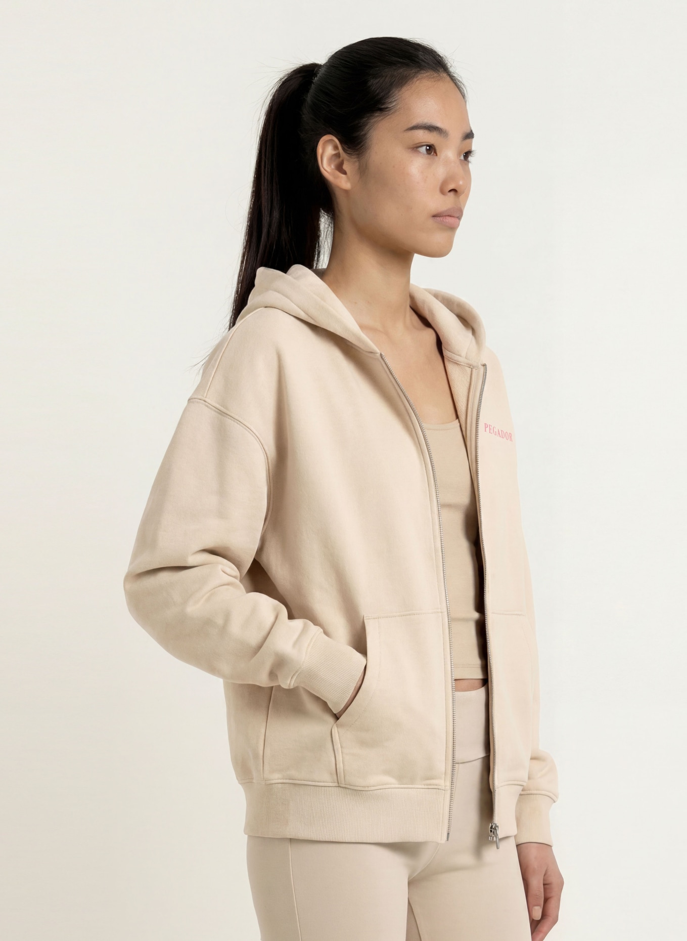 PEGADOR Oversized-Sweatjacke OLARGUES: BEIGE / HELLROT / GRÜN