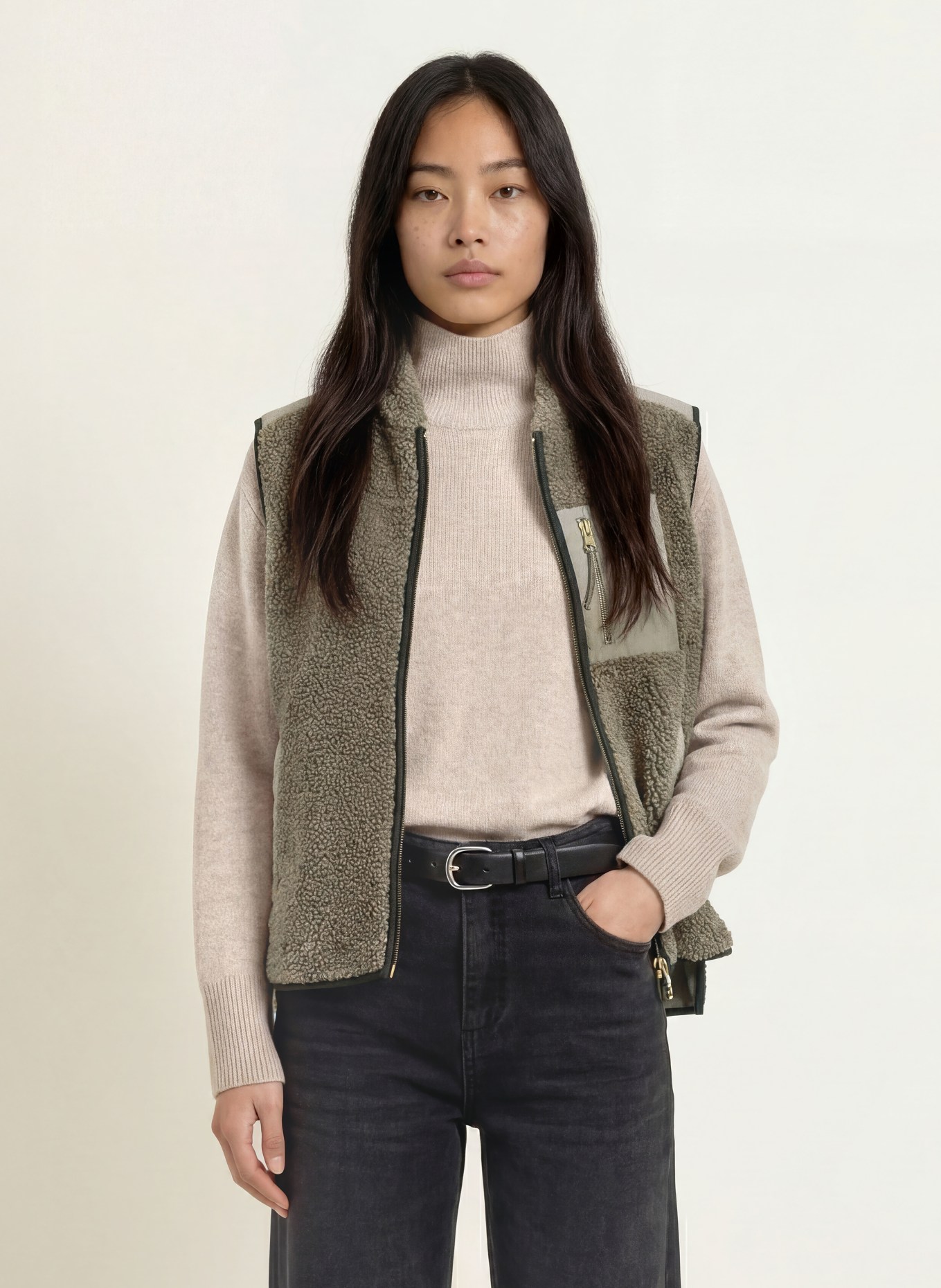 MOS MOSH Teddyfell-Weste MMROWE im Materialmix: KHAKI