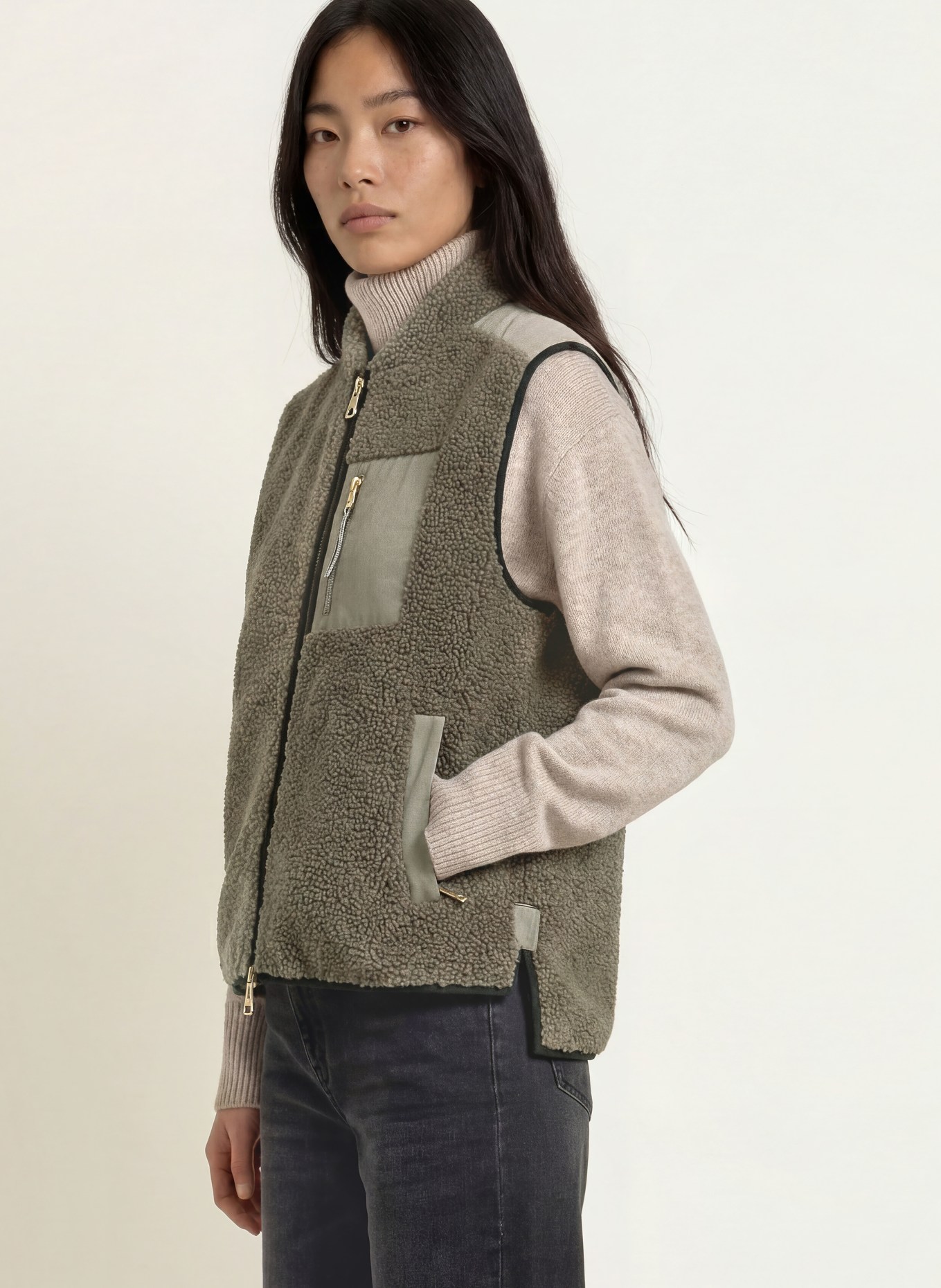MOS MOSH Teddyfell-Weste MMROWE im Materialmix: KHAKI