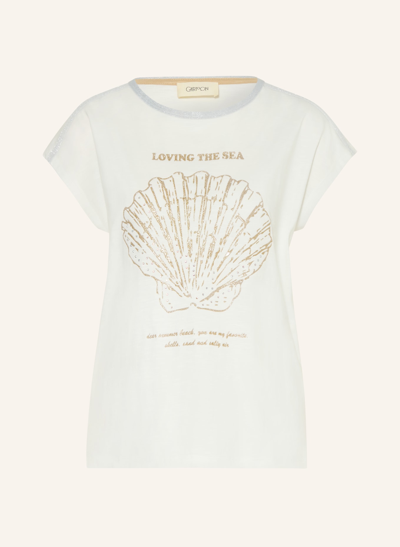 CARTOON T-shirt med strass och glittertråd: ECRU / SILVER / GULD