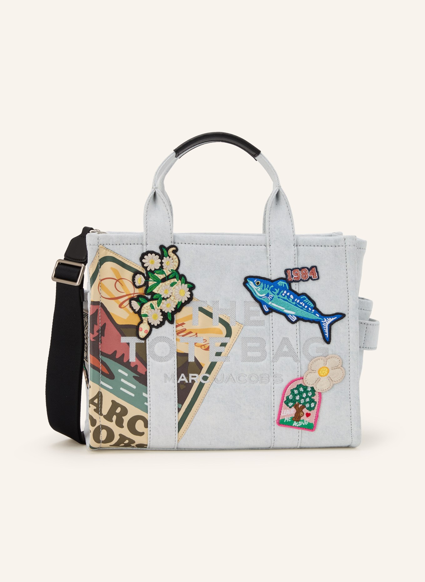 MARC JACOBS Shopper THE MEDIUM TOTE DENIM PATCHES: CREME / SILBER / SCHWARZ