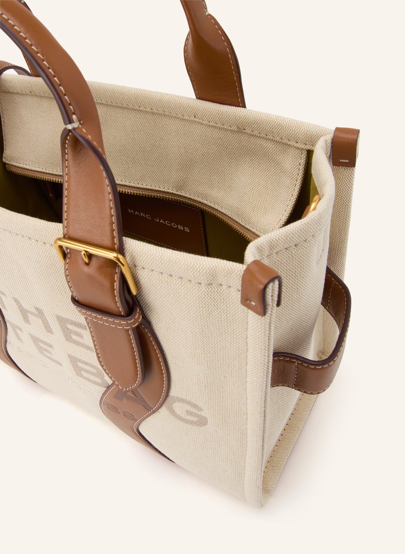 MARC JACOBS Shopper THE MEDUM CANVAS TOTE WAVY STRIPES LEATHER: BEIGE / GOLD / BRAUN