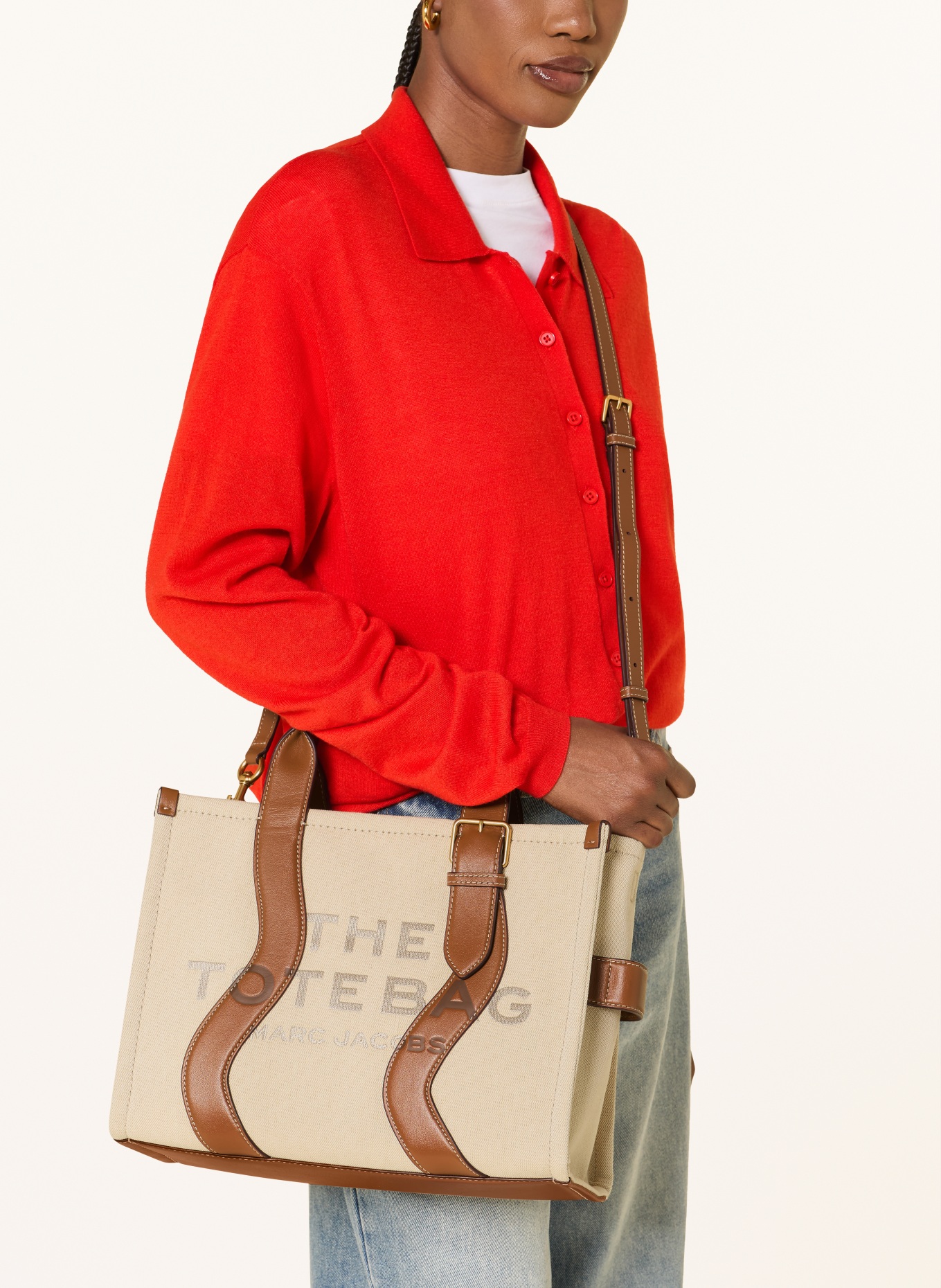 MARC JACOBS Shopper THE MEDUM CANVAS TOTE WAVY STRIPES LEATHER: BEIGE / GULD / BRUN
