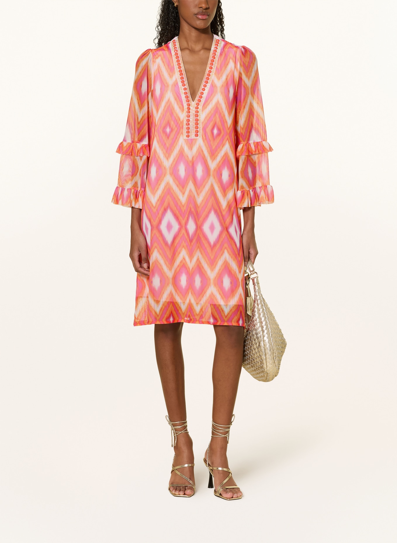 Ana Alcazar Mesh dress with ruffles and rhinestones: PINK / PURPLE / ORANGE