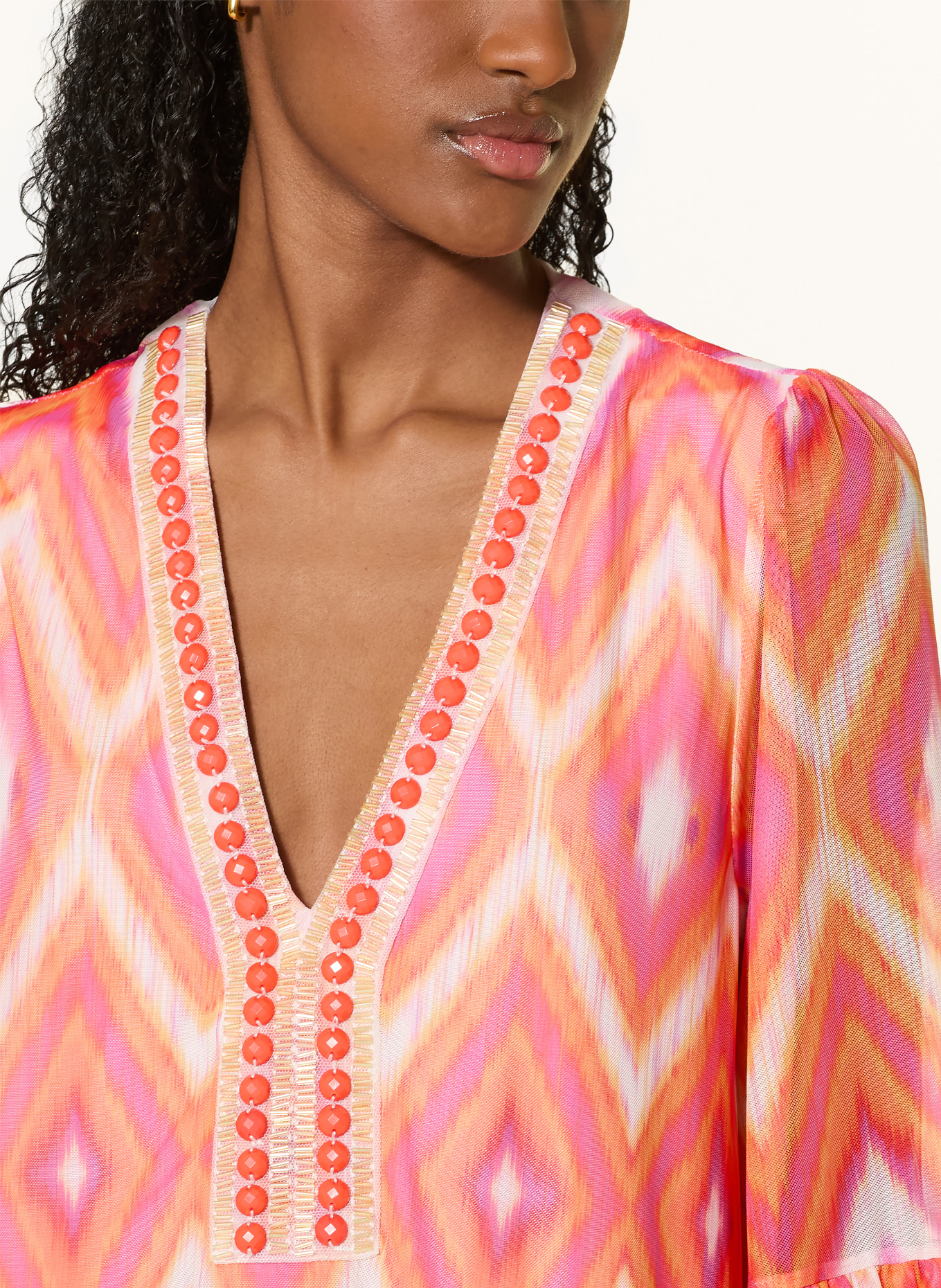 Ana Alcazar Mesh dress with ruffles and rhinestones: PINK / PURPLE / ORANGE