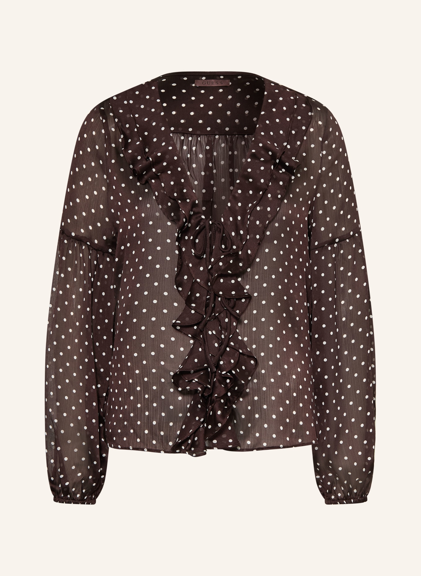 GUESS Bluse EMY mit Volants: DUNKELBRAUN / WEISS