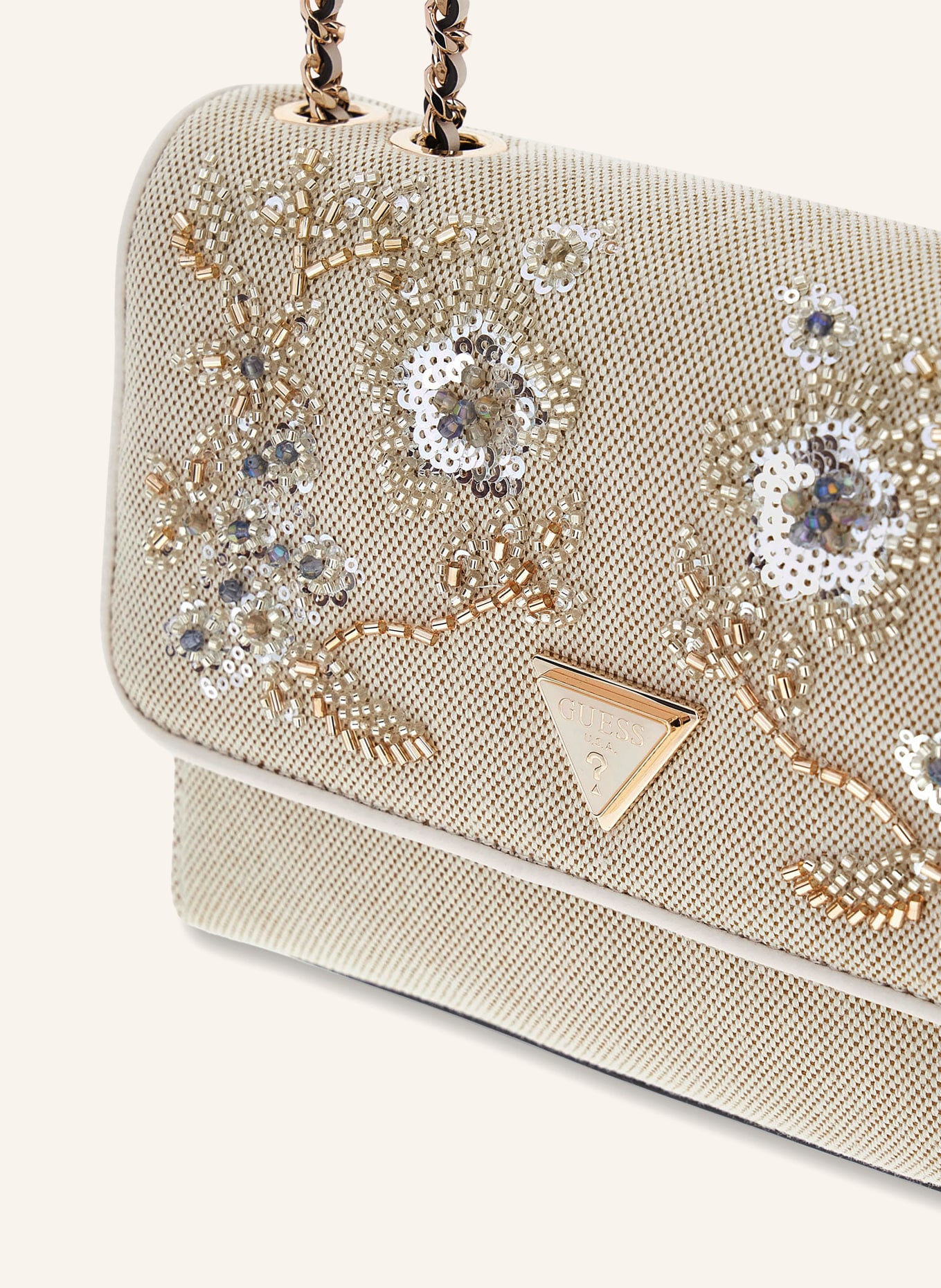 GUESS GIULLY MINI Shoulder Bag with Decorative Beads and Sequins: CREAM / GOLD