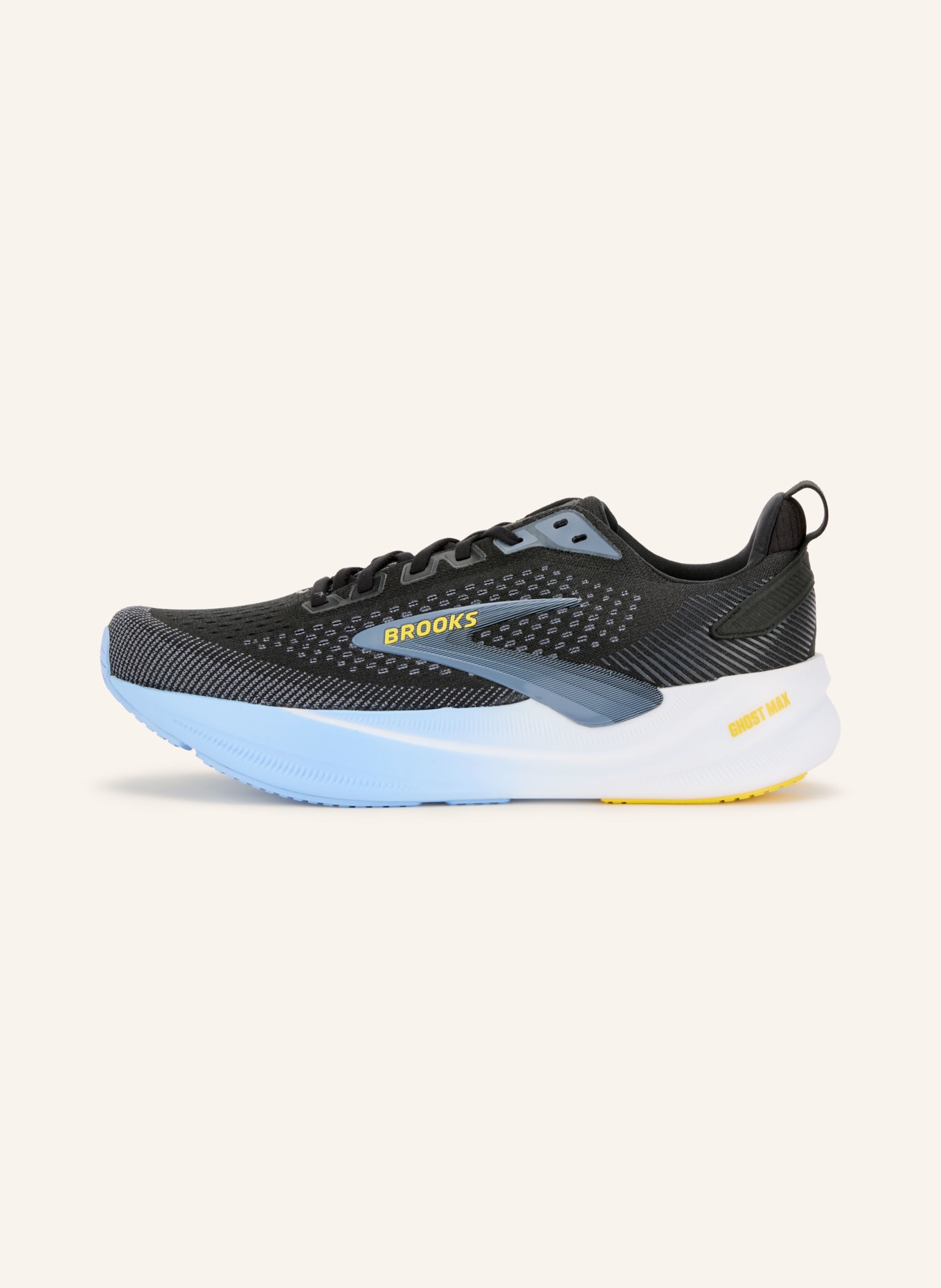 BROOKS Chaussures de course GHOST MAX 4: NOIR / BLEU GRIS / JAUNE