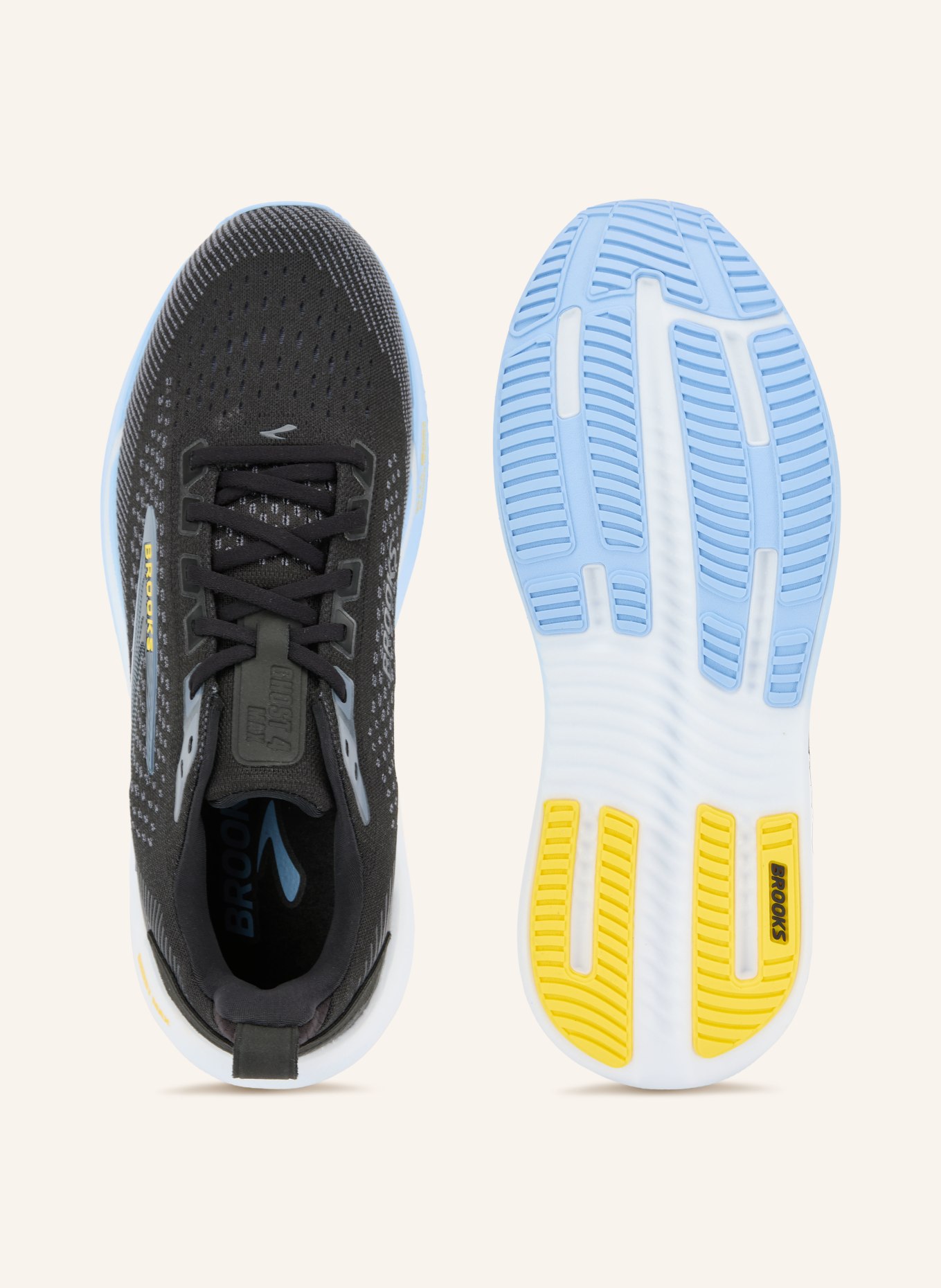 BROOKS Chaussures de course GHOST MAX 4: NOIR / BLEU GRIS / JAUNE