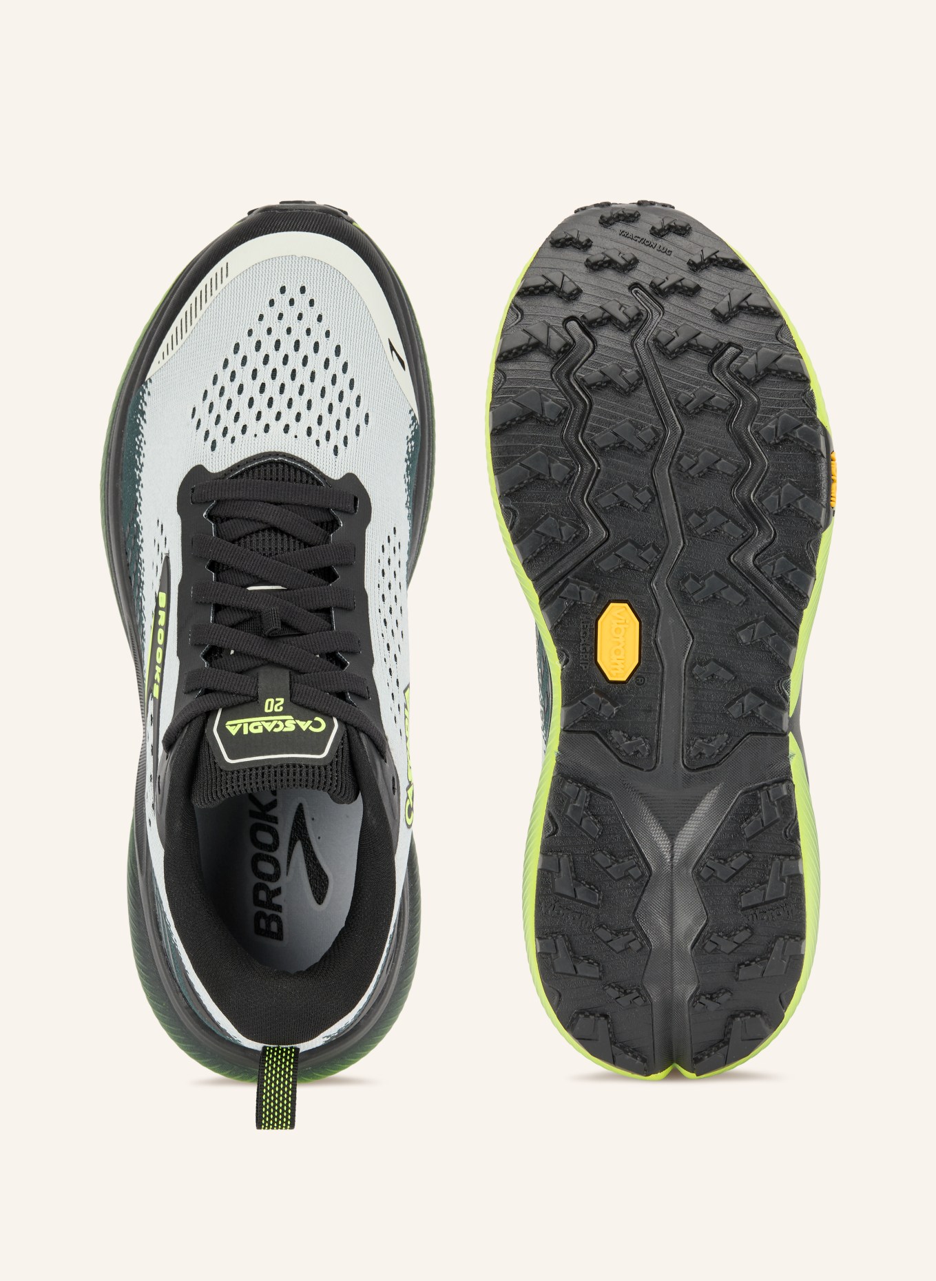 BROOKS Chaussures de trail CASCADIA 20: GRIS / JAUNE FLUO / NOIR