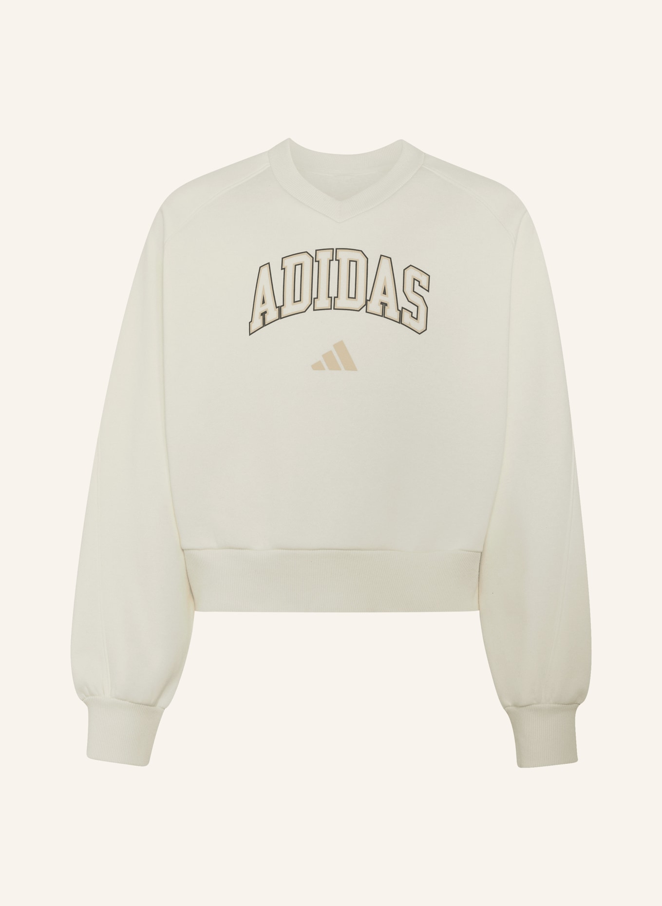 adidas SEASONALS COLLEGIATE TYPOGRAPHY V-NECK Sweatshirt: ECRU / CAMEL / BLACK