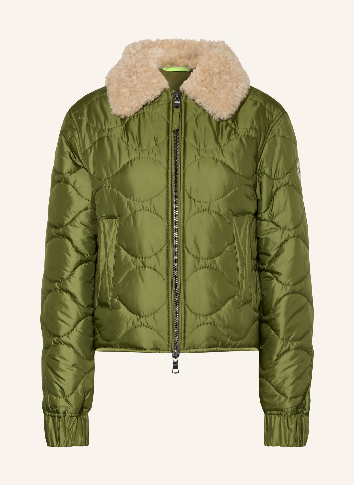 No.1 Como MASSA gewatteerd jack met afneembare kunstbontkraag: OLIJF / BEIGE