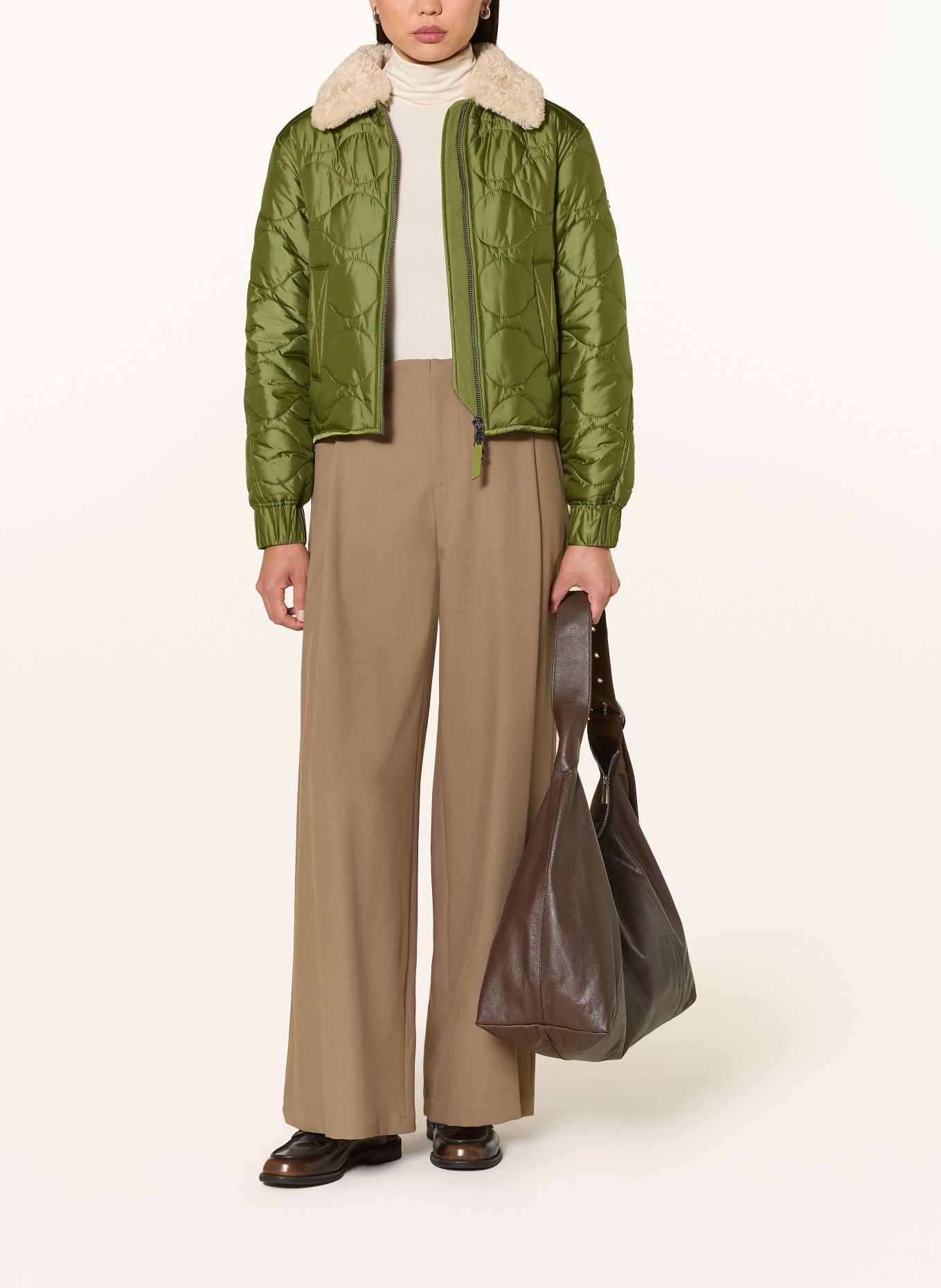 No.1 Como MASSA gewatteerd jack met afneembare kunstbontkraag: OLIJF / BEIGE