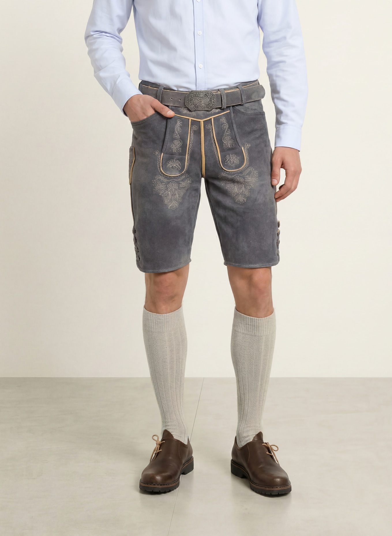 HIRSCHER MURNAU Traditional leather trousers: DARK GRAY / LIGHT BROWN