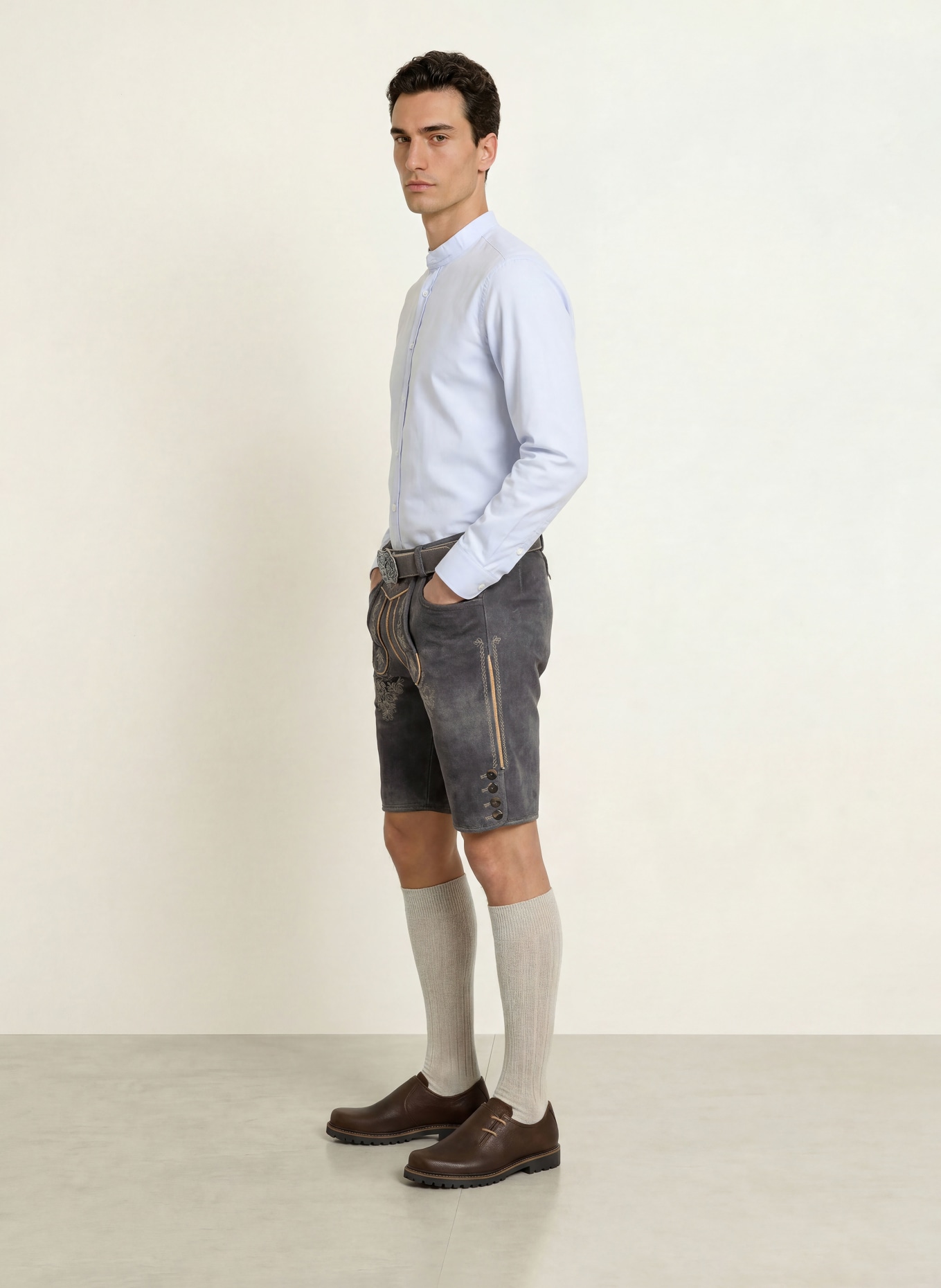 HIRSCHER MURNAU Traditional leather trousers: DARK GRAY / LIGHT BROWN