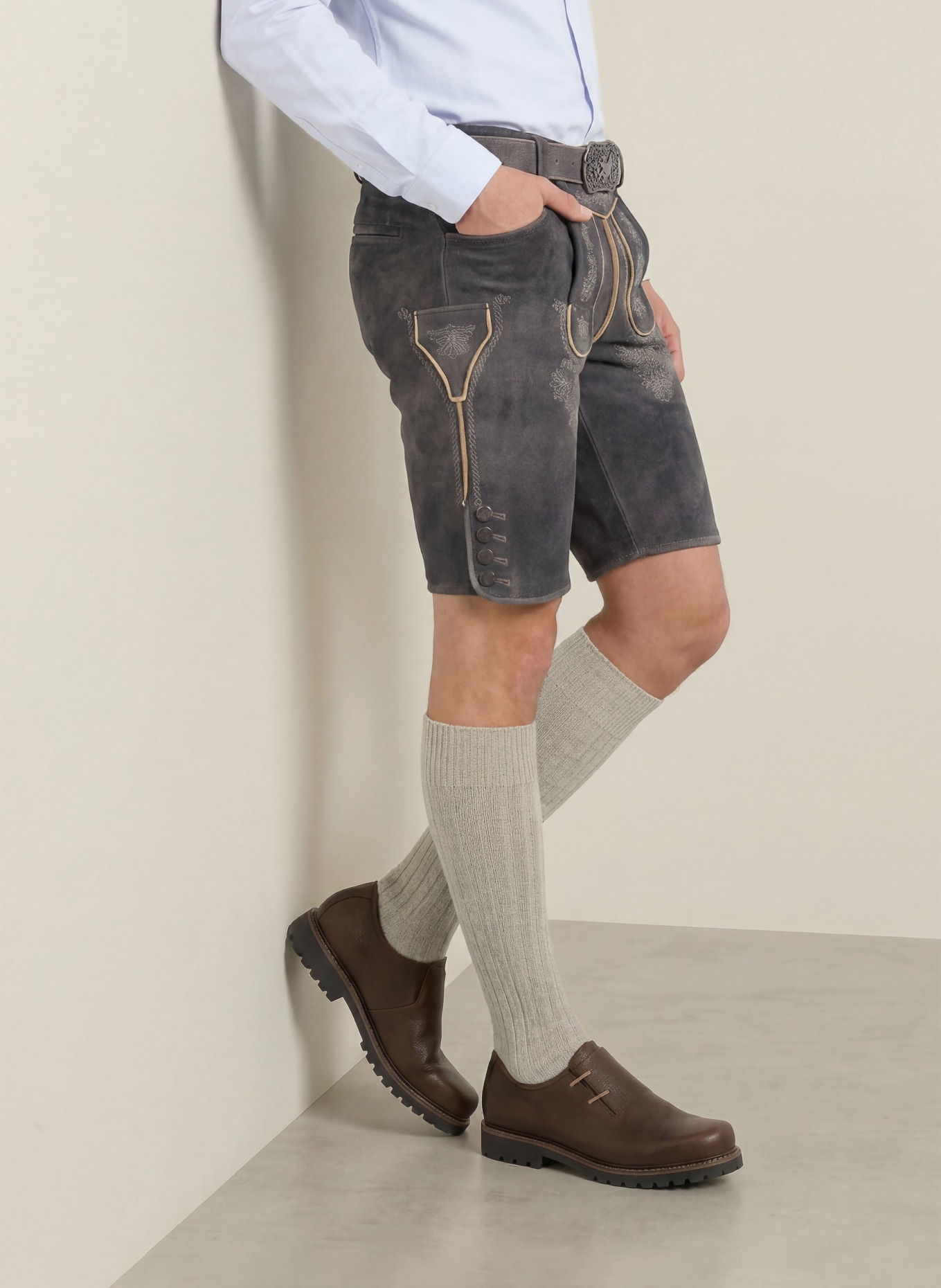 HIRSCHER MURNAU Traditional leather trousers: DARK GRAY / LIGHT BROWN