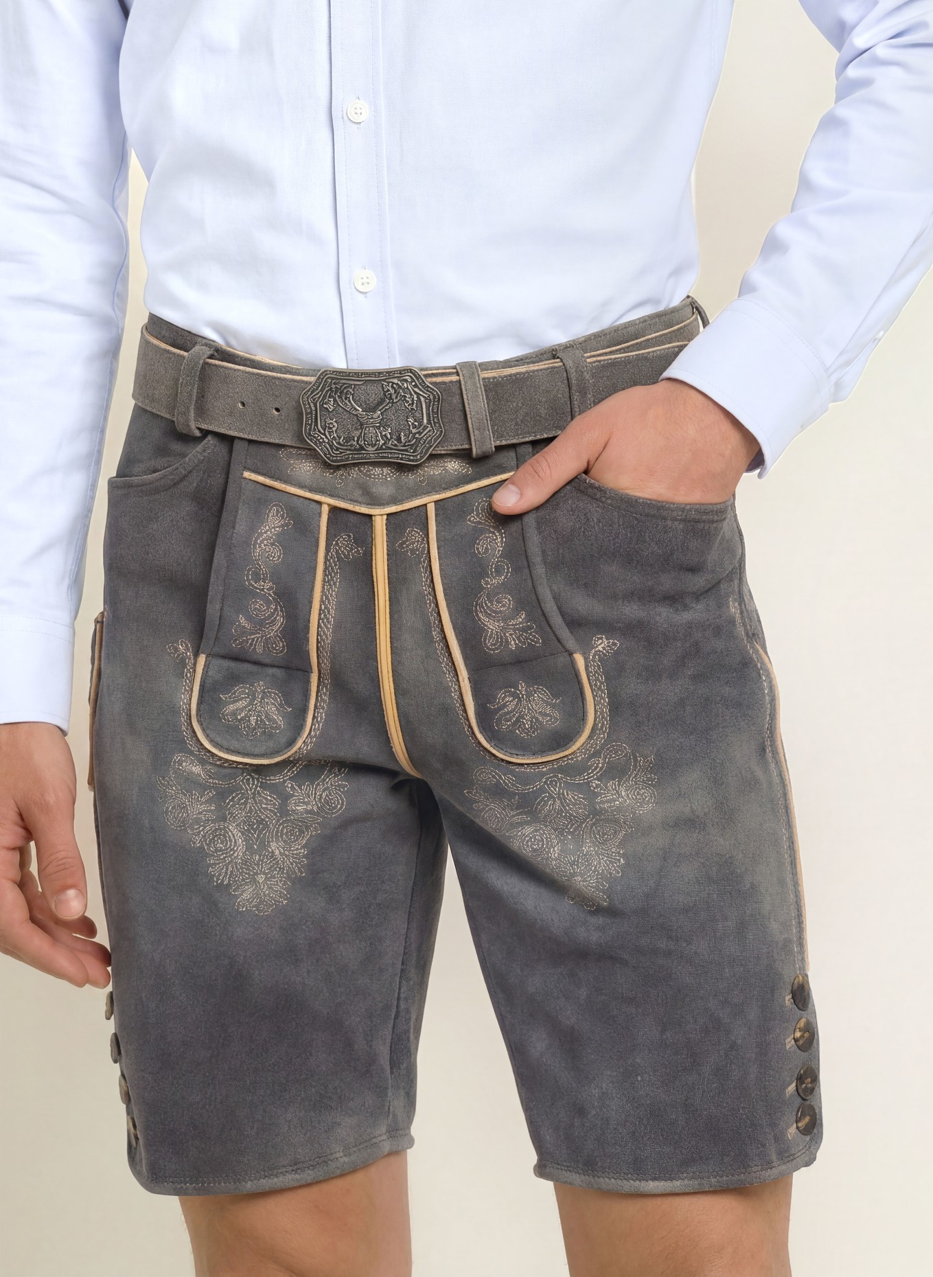 HIRSCHER MURNAU Traditional leather trousers: DARK GRAY / LIGHT BROWN