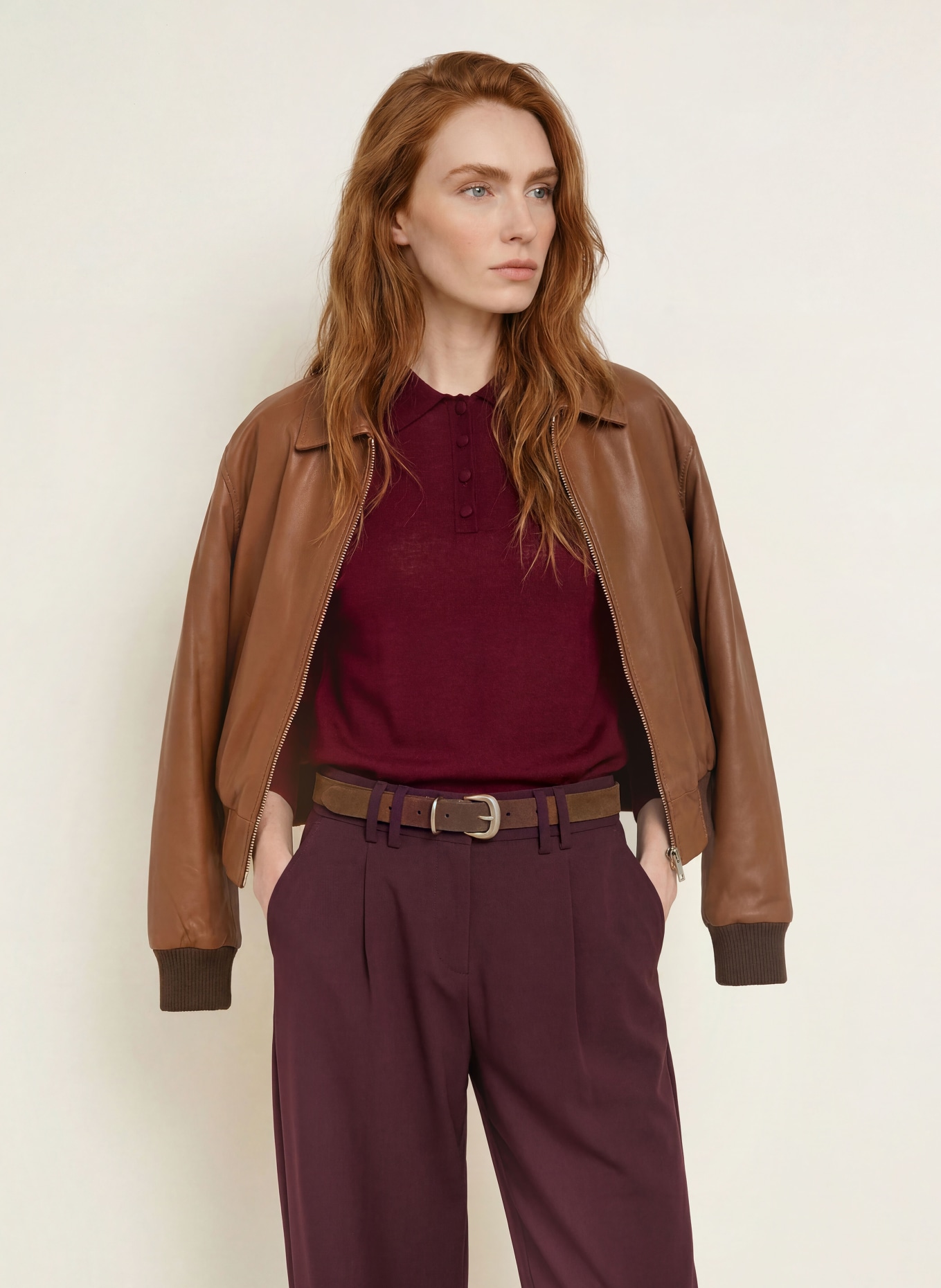 darling harbour Knit polo shirt with 3/4 sleeves: BURGUNDY