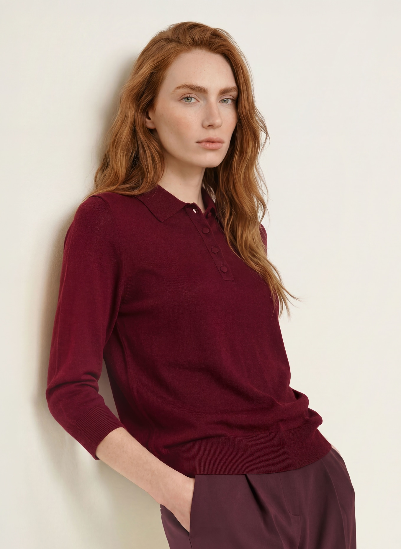 darling harbour Knit polo shirt with 3/4 sleeves: BURGUNDY
