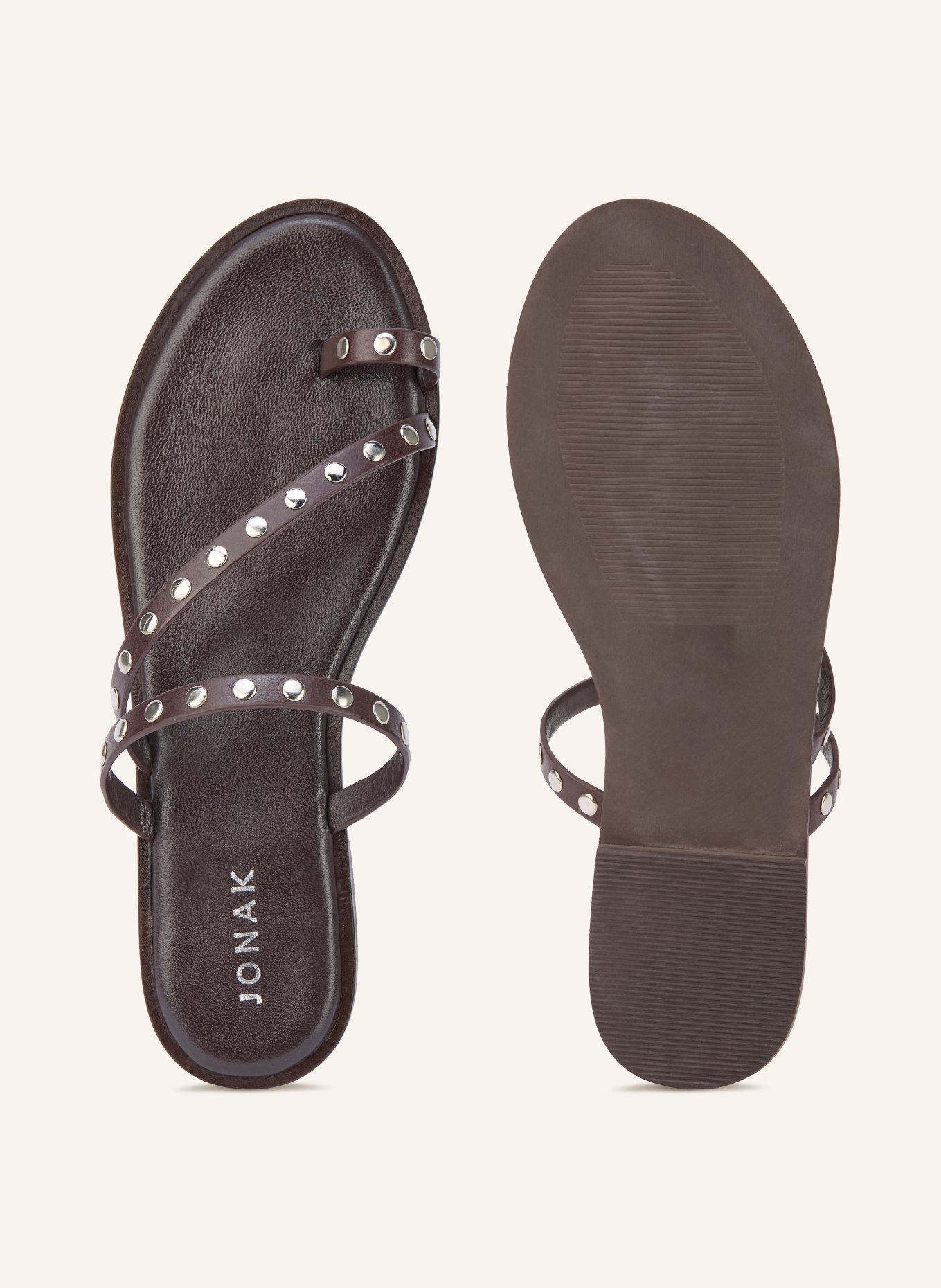 JONAK WICKET thong sandals with studs: DARK BROWN / SILVER