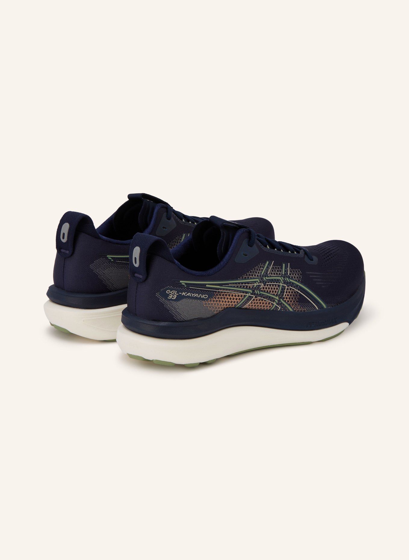 ASICS GEL-KAYANO 33 Running Shoes: DARK BLUE / LIGHT ORANGE / LIGHT GREEN
