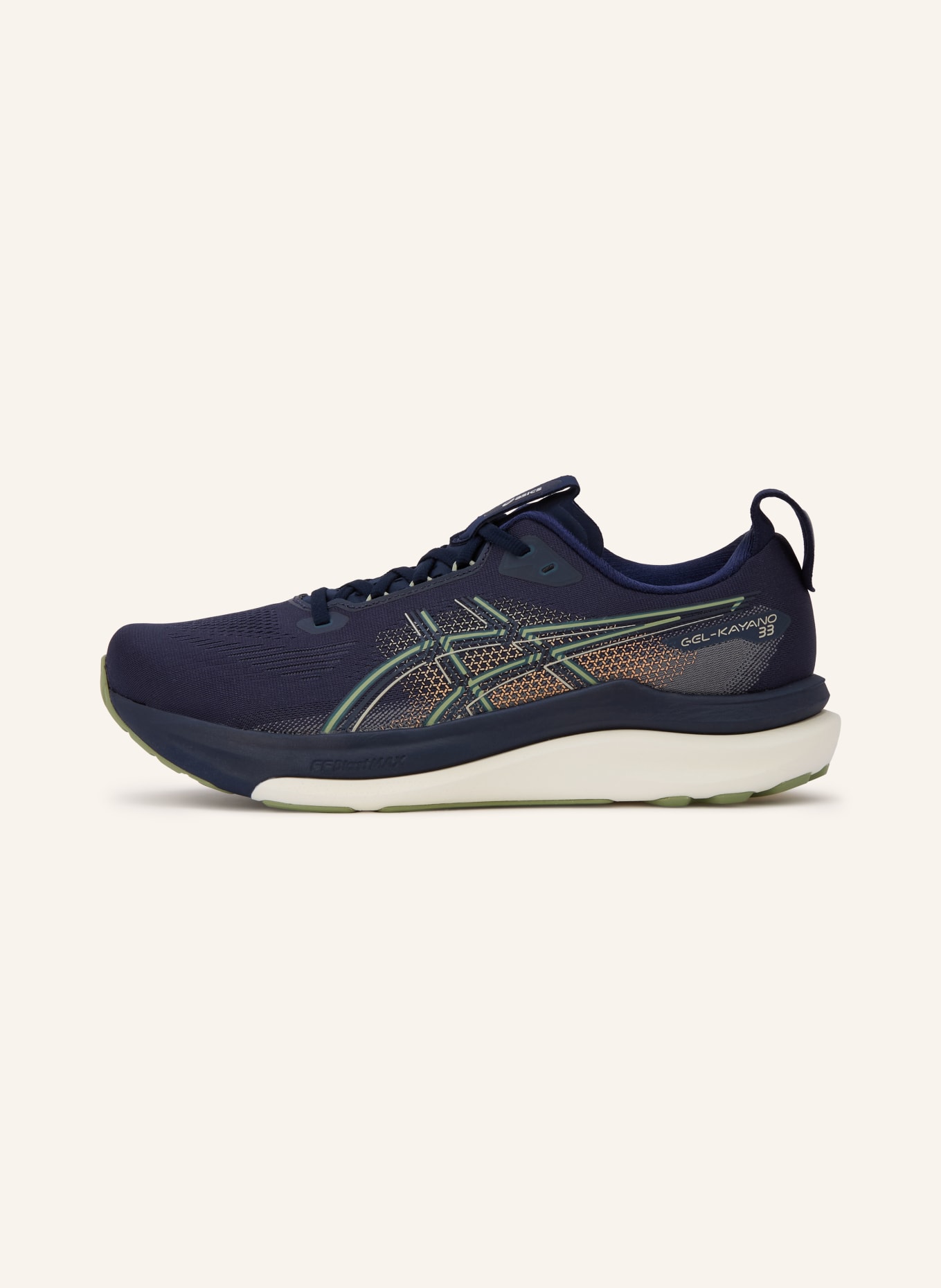 ASICS GEL-KAYANO 33 Running Shoes: DARK BLUE / LIGHT ORANGE / LIGHT GREEN