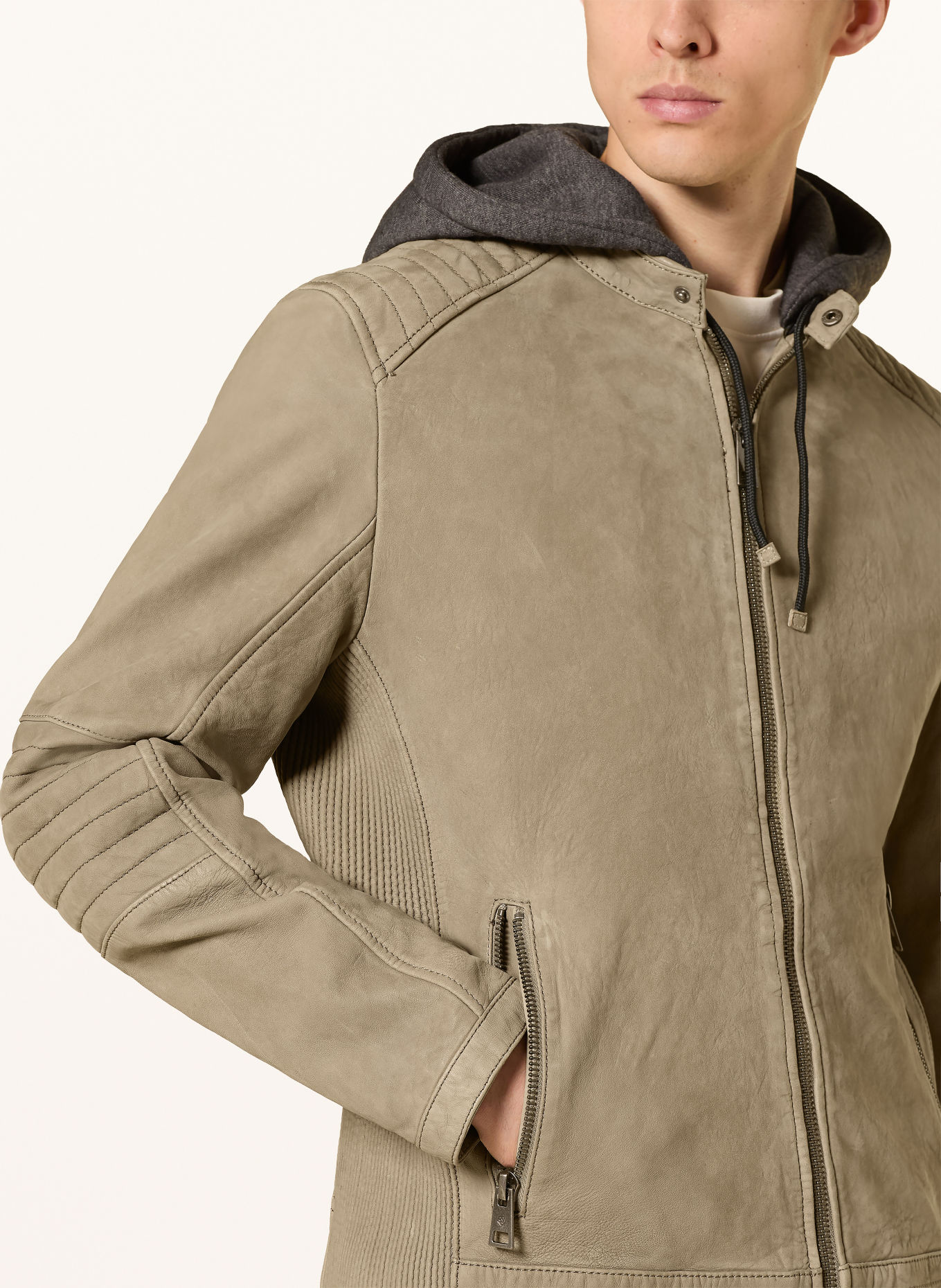 MILESTONE Lederblouson MSFLAVIO mit abnehmbarer Kapuze: BEIGE / DUNKELGRAU