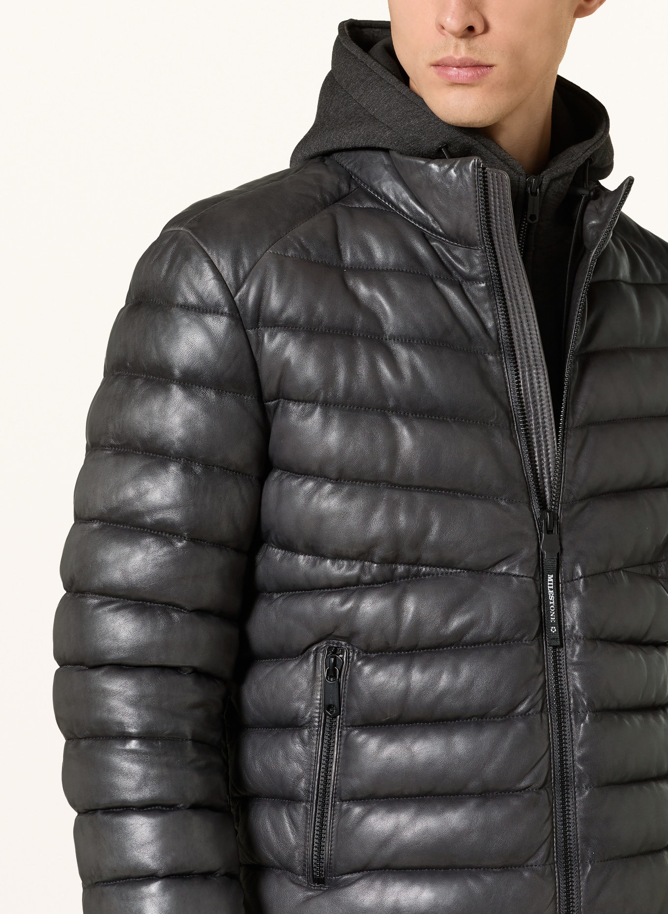 MILESTONE MSHARVEY leather quilted jacket with removable trim: DARK GRAY