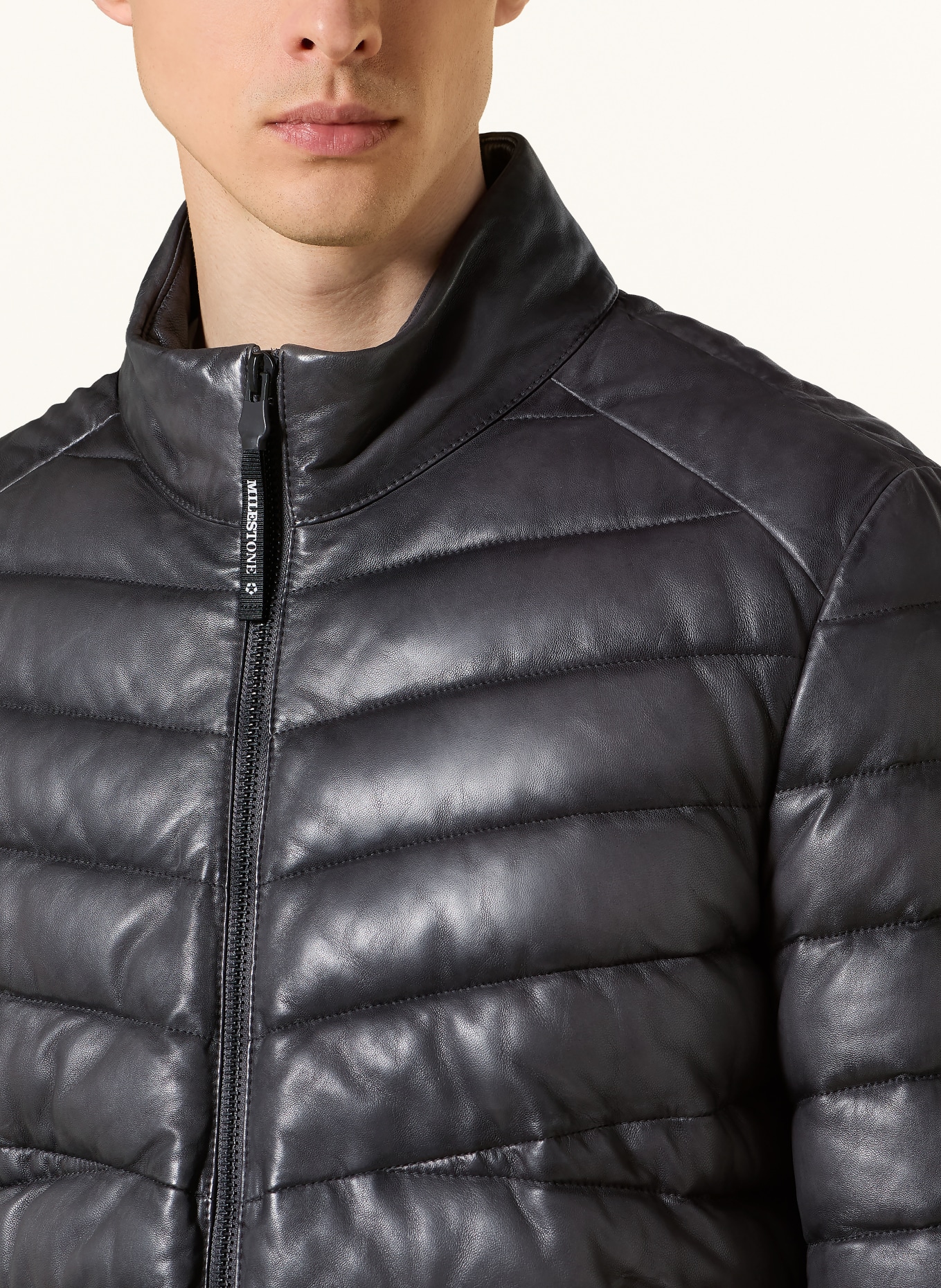 MILESTONE MSHARVEY leather quilted jacket with removable trim: DARK GRAY