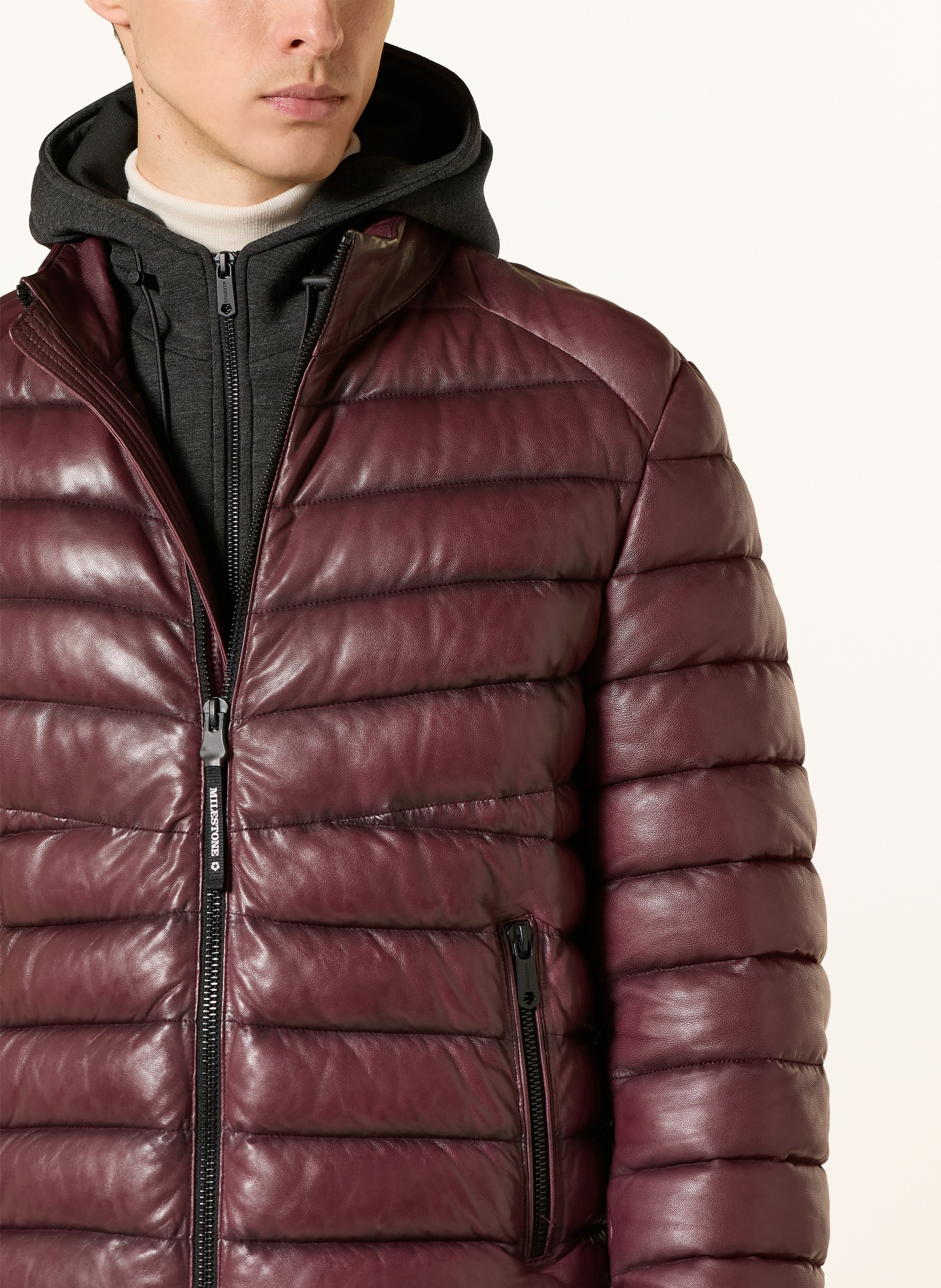 MILESTONE MSHARVEY leather quilted jacket with removable trim: DARK RED