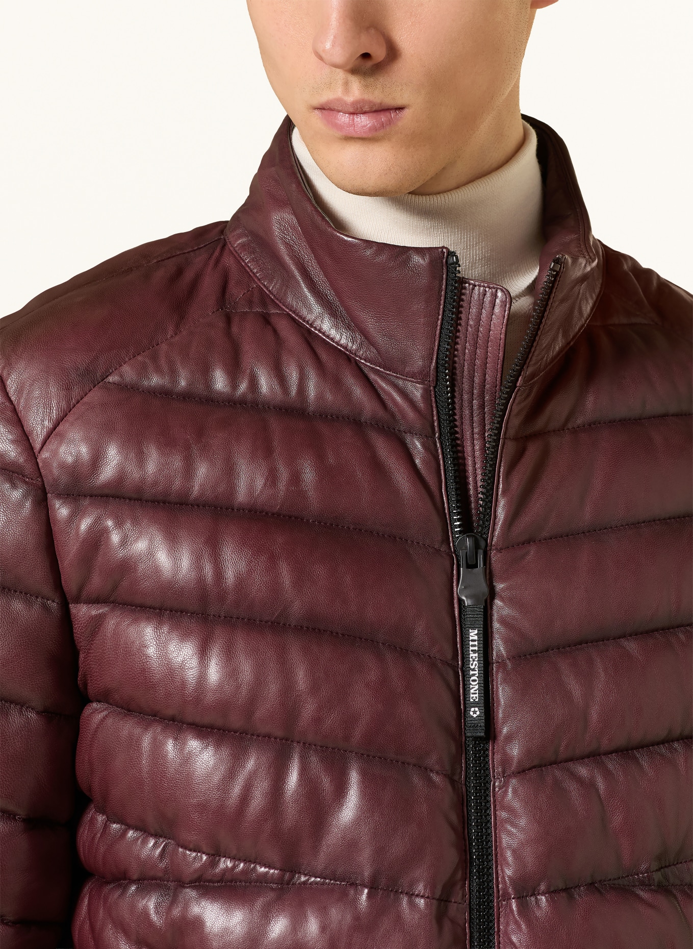 MILESTONE MSHARVEY leather quilted jacket with removable trim: DARK RED