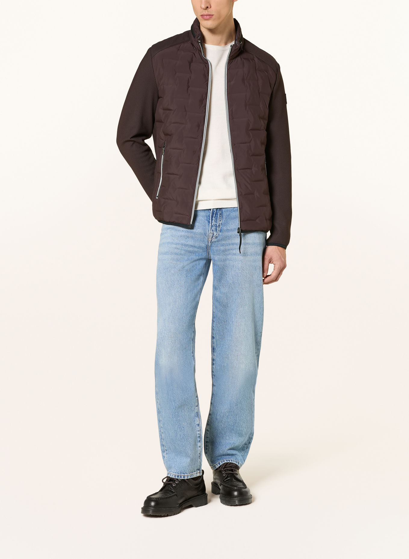 MILESTONE Veste matelassée MSNERANO en cuir avec capuche amovible: MARRON FONCÉ / ÉCRU