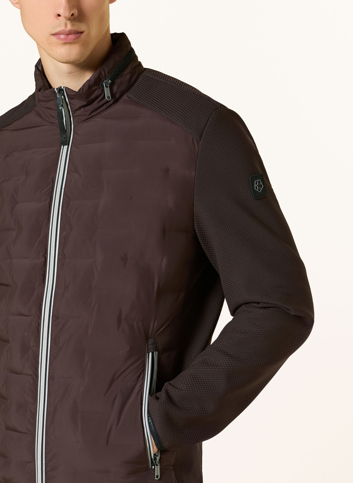 MILESTONE Veste matelassée MSNERANO en cuir avec capuche amovible: MARRON FONCÉ / ÉCRU