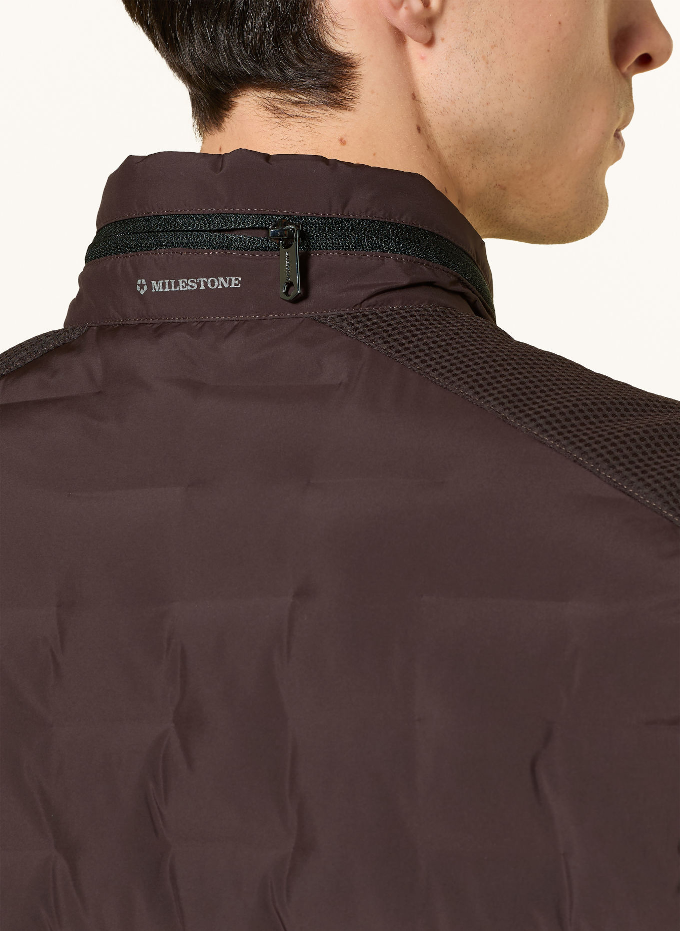 MILESTONE Veste matelassée MSNERANO en cuir avec capuche amovible: MARRON FONCÉ / ÉCRU