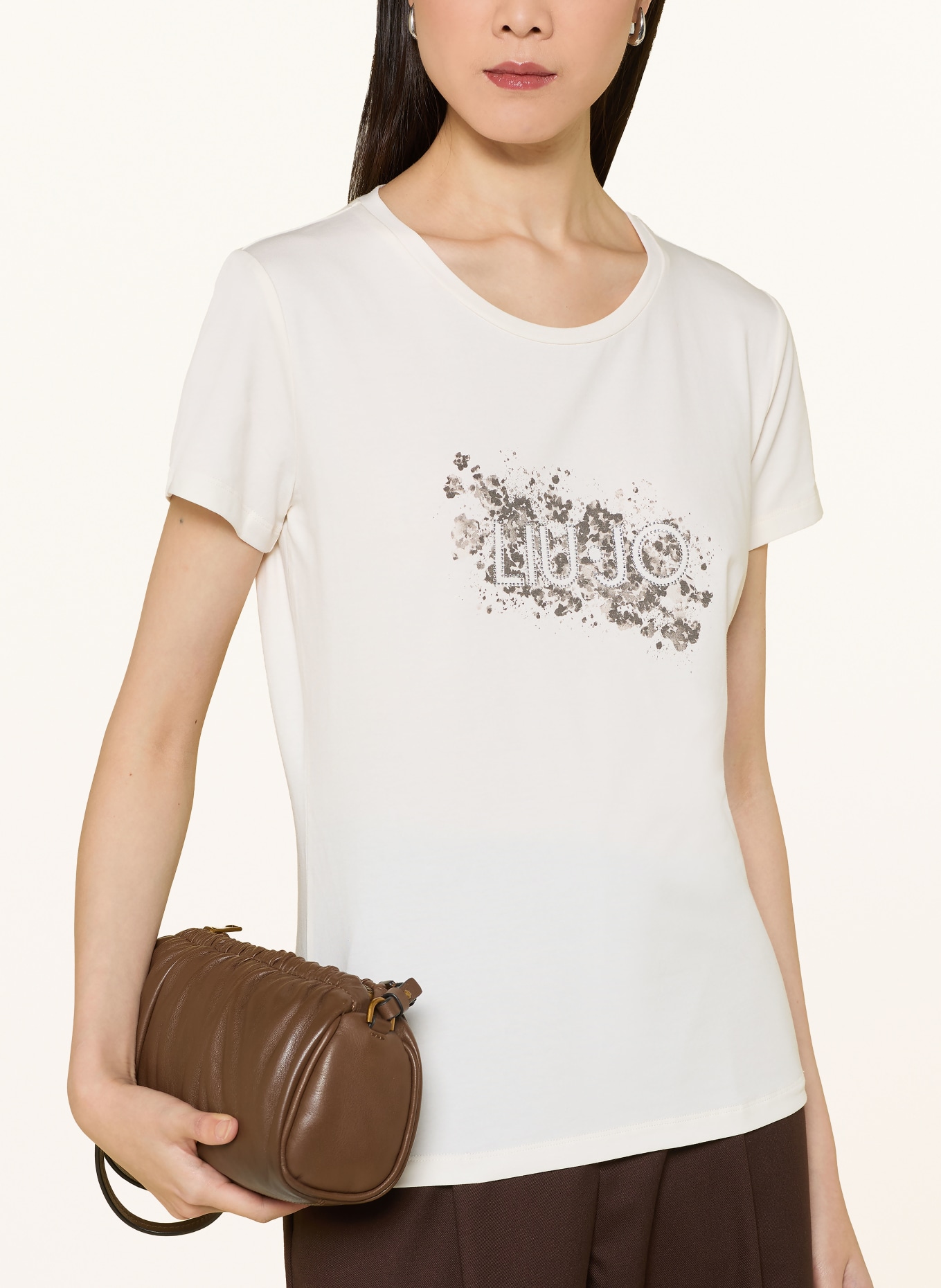LIU JO T-Shirt mit Schmucksteinen: WEISS / DUNKELBRAUN