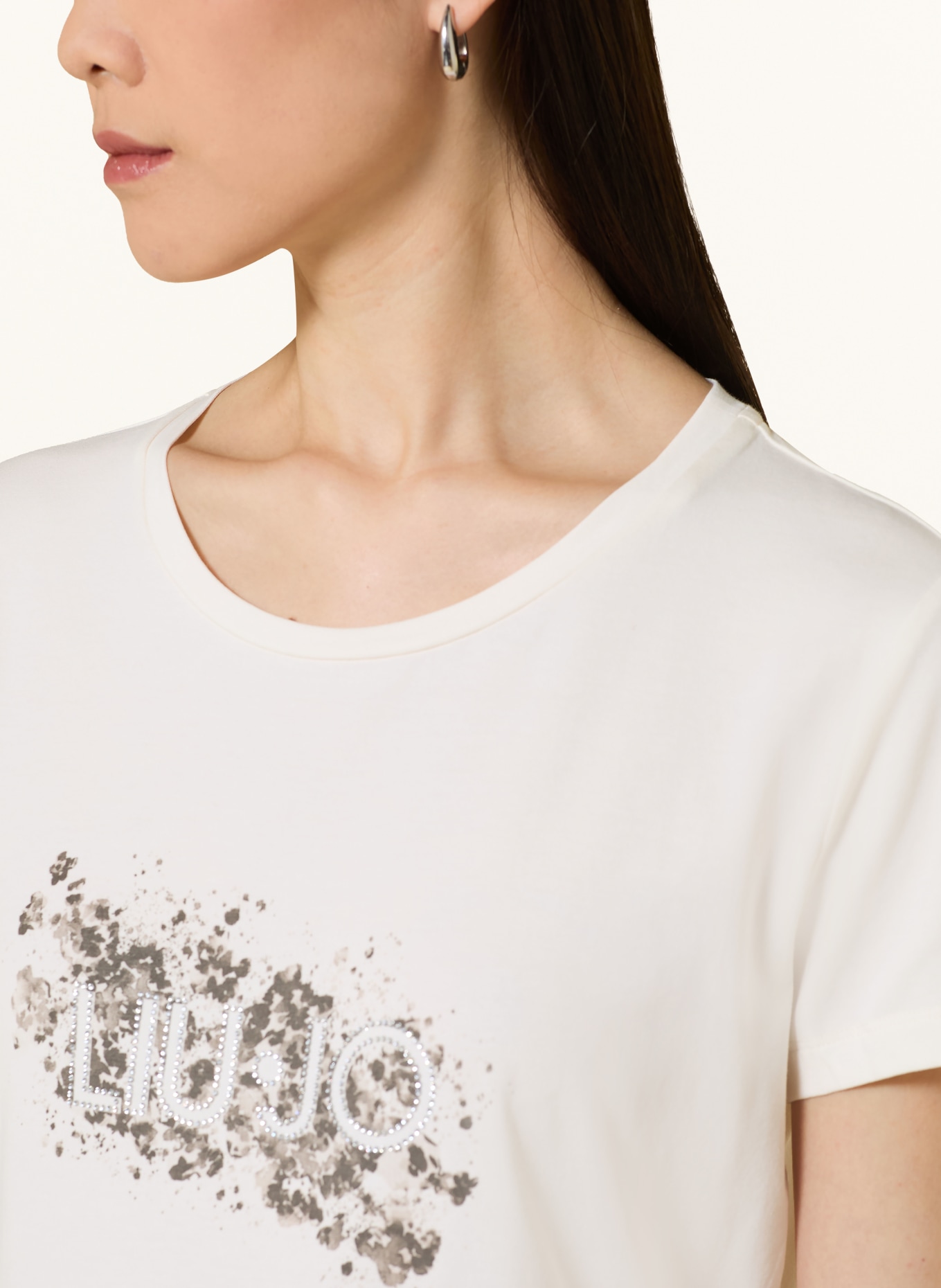 LIU JO T-Shirt mit Schmucksteinen: WEISS / DUNKELBRAUN